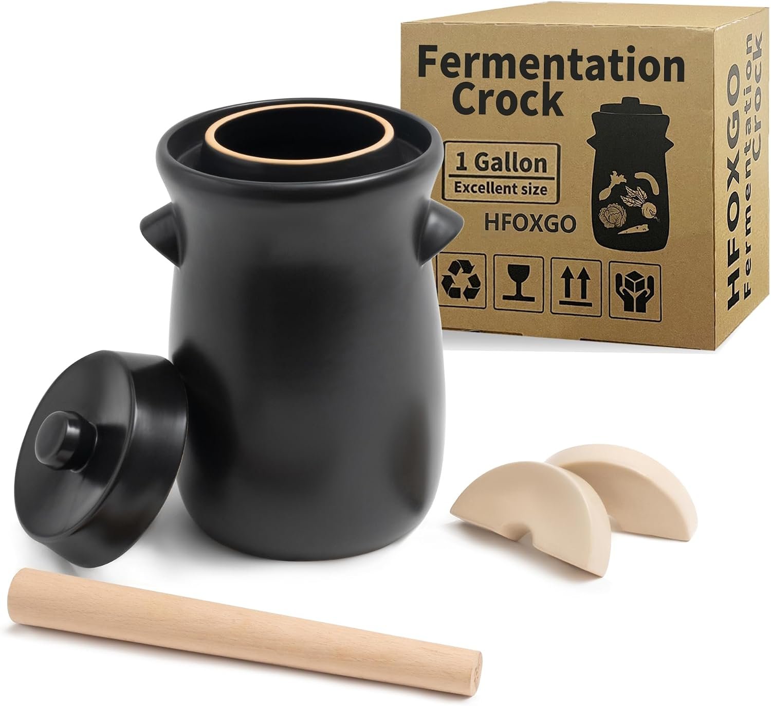 Fermentation Crock 3.8Liter/1 Gallon Stoneware Pot for Fermenting, Pickling Kimchi, Pickles, Vegetables, Kombucha – Glazed Fermenter with Stone Weights, Lid & Pickle Tamper-Black Crock