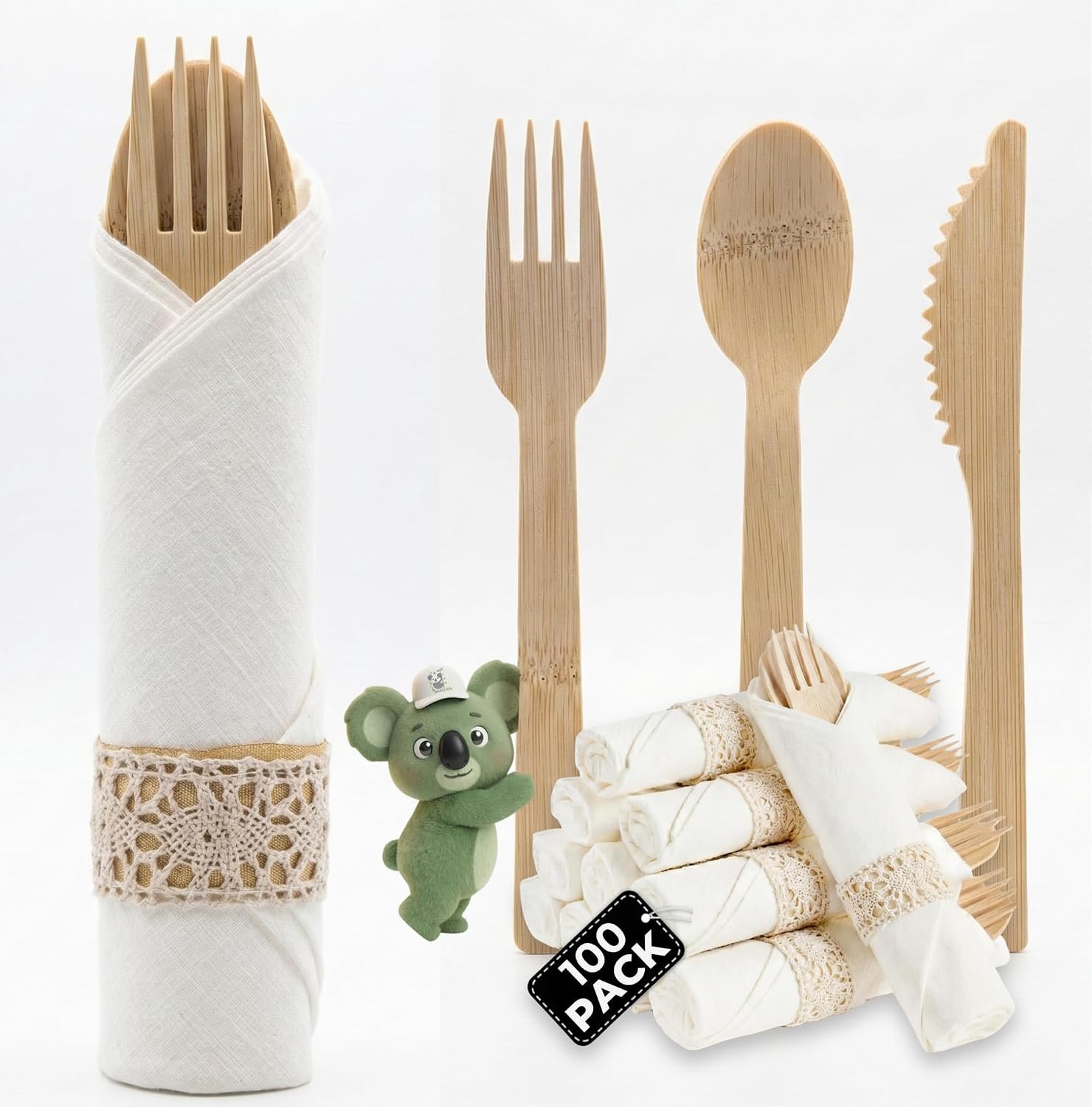 Pre Rolled Napkin and Bamboo Cutlery Set – 100 Pack Bamboo Utensils Wooden Cutlery 100 Forks 100 Knives 100 Spoons 100 Napkins, Pre Wrapped Disposable Silverware Cutlery for Party, Wedding, Events