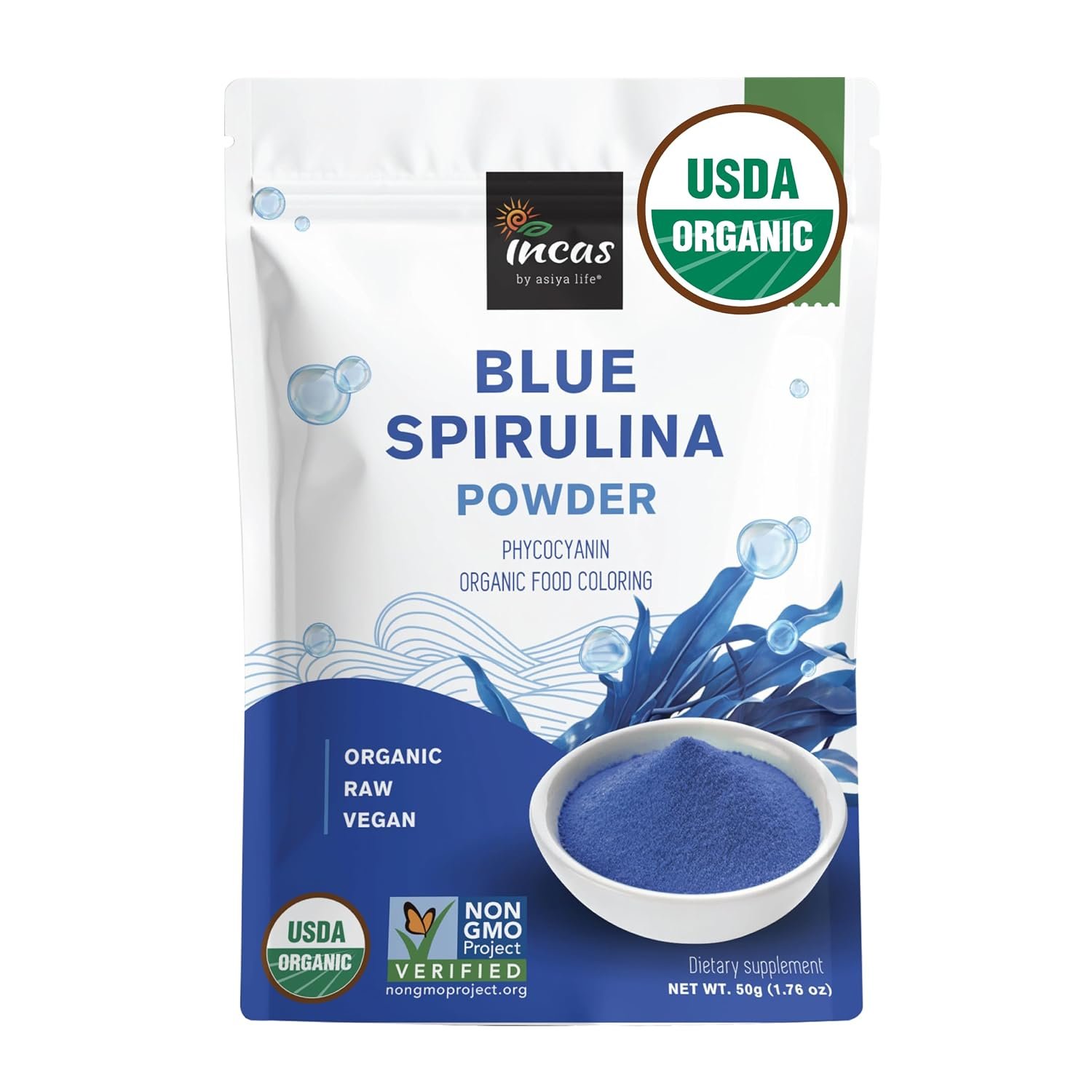 USDA Organic Blue Spirulina Powder (Phycocyanin Extract), 50 Servings – No Fishy Smell, 100% Vegan Protein from Blue-Green Algae, Natural Food Coloring for Smoothies, Baking & Drinks (1.76 Ounces)