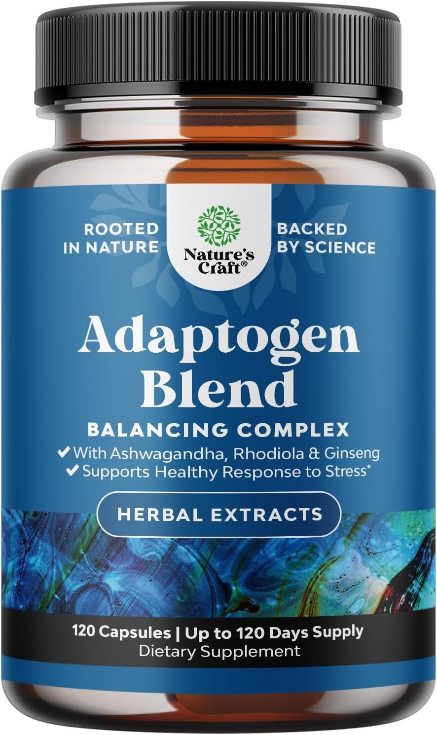 Adaptogens Supplements Blend Capsules w Ashwagandha & Rhodiola – 120 ct