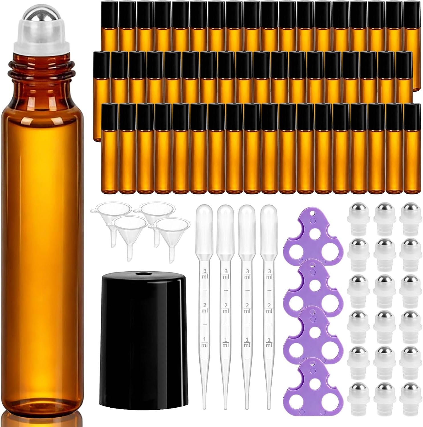 GGOLDMER 54 Pack Roller Bottles for Essential Oils, 10ml Amber Glass Roll-On Bottles with Stainless Steel Roller Balls for Daily and Travel, Refillable & Leak-proof