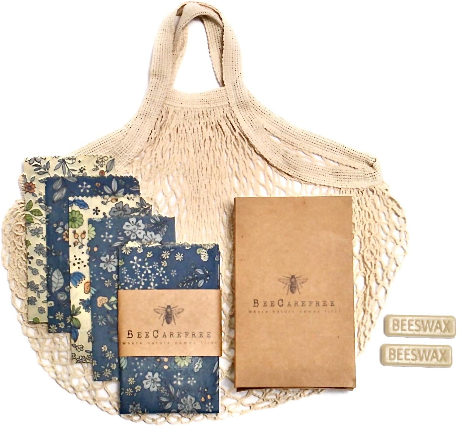 4-Pack Reusable Beeswax Wraps with Produce Bag & 2 Beeswax Bars