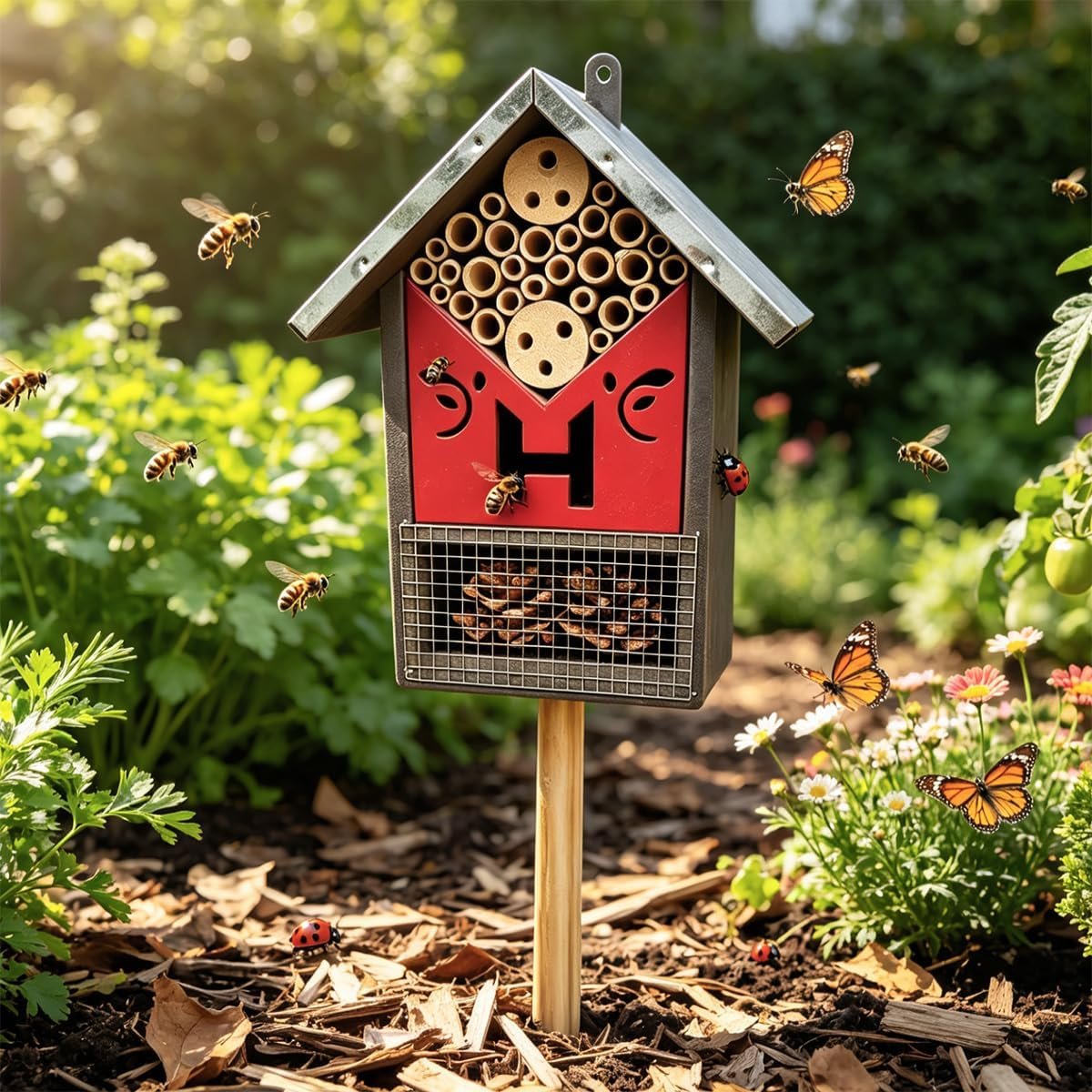 Wooden Insect Hotel with Stake & Hanging Hooks, 2 Mount Ways Beneficial Bug House Habitat for Mason Bee, Ladybugs, Butterfly, Pollinator Insect Shelter for Backyard Garden Decor