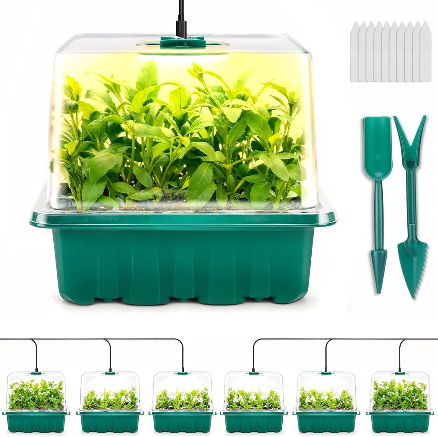 Seed Starter Tray with Grow Light, 6pcs Seed Starter Kits with Light and Adjustable Humidity Domes, Covers Height 3.9″, Indoor Seedling Starter Plant Germination Trays (Green-Warm White)