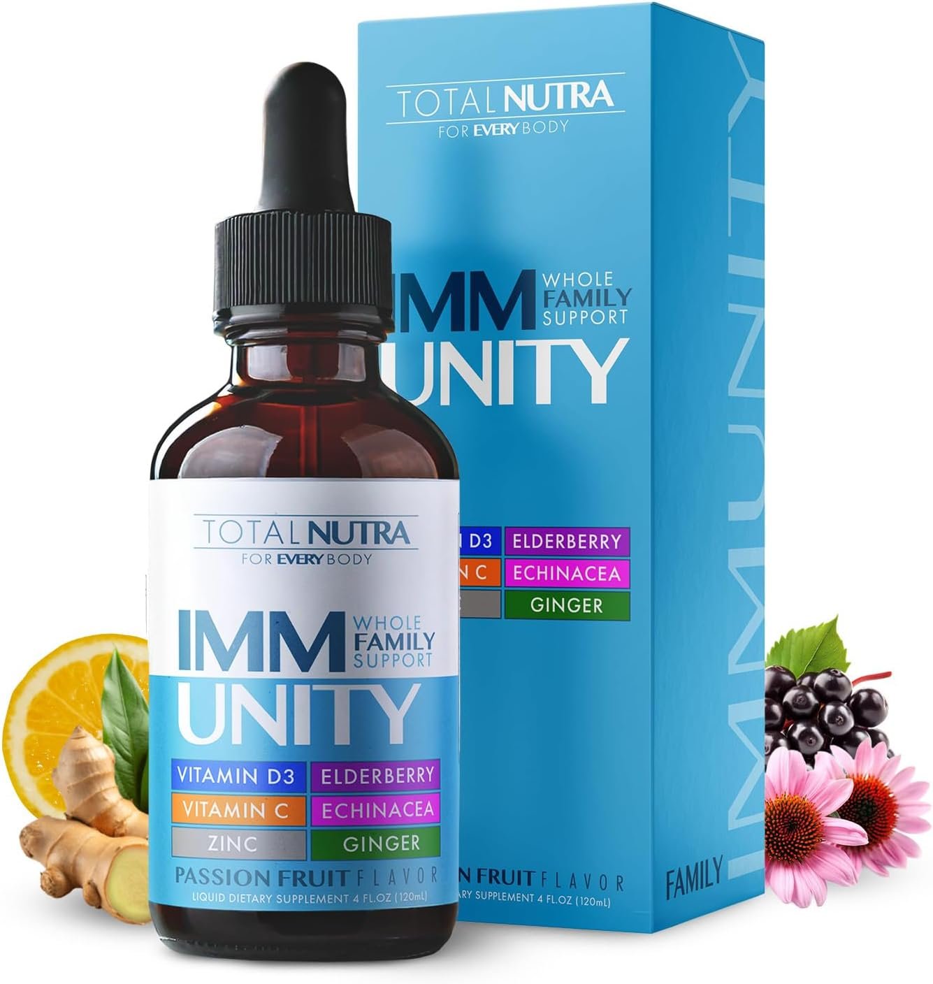 Total Immune 6-in-1 Liquid Multivitamin Supplement | 100% Daily Zinc, Vitamin D3, Vitamin C Immunity Drops Vitamin Liquid | Elderberry, Echinacea, Ginger Support for Adults & Kids | 4 oz Passion Fruit