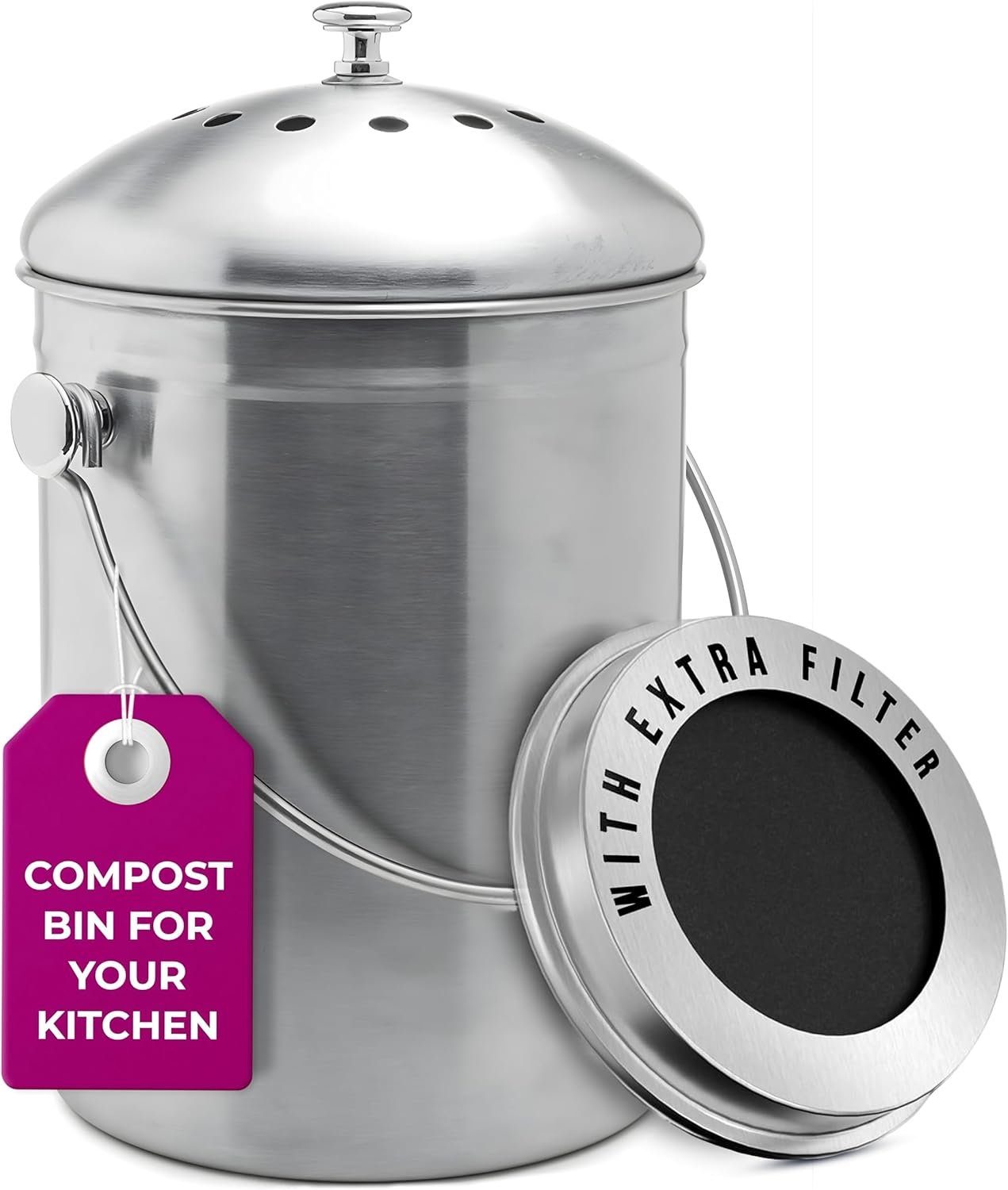 Epica Kitchen Compost Bin for Kicthen Countertops, 1.3 Galllon – Silver