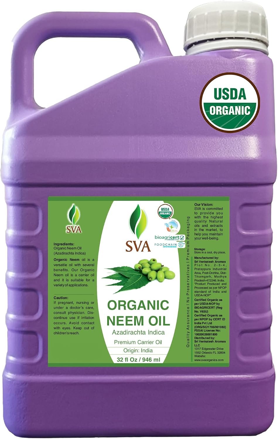 SVA Organic Neem Seed Carrier Oil, Huge Bottle, 32 Fl Oz (946 ml)