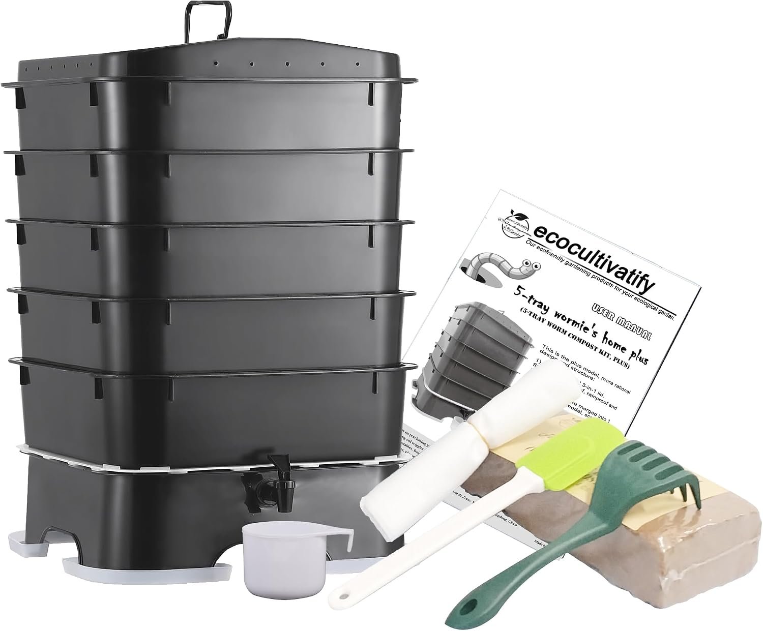 5-Tray Worm Compost Bin, Worm Composter for Outdoor & Indoor, 5-Tray ecocultivatify Wormie’s Home Plus, Worm Bin Set for Recycling Household Waste (Black)
