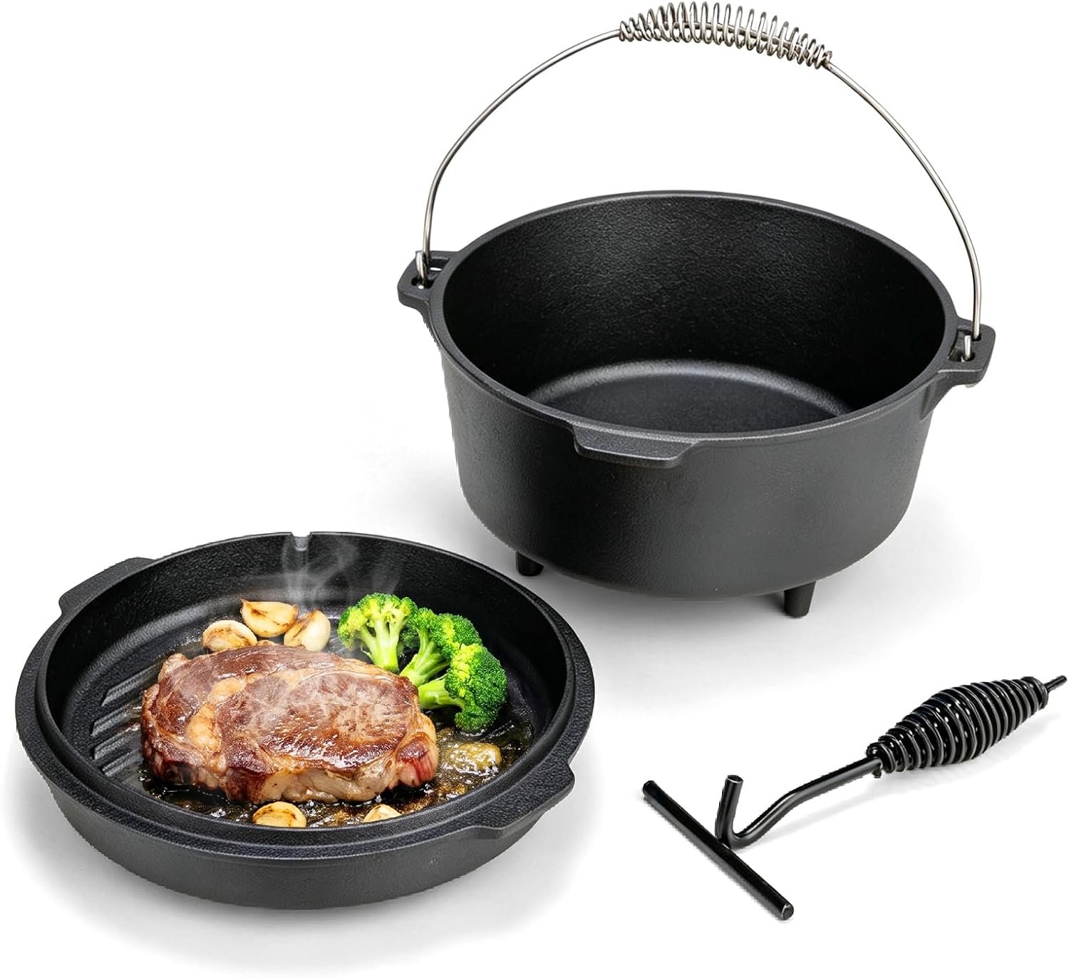 ROVSUN 3.7 QT Cast Iron Dutch Oven with Lid, Pre-Seasoned Camping Pot for Campfire Grill & Oven, 2-in-1 Skillet Lid + Lid Lifter Hook, Outdoor Cast Iron Camping Cookware for 2-4 People