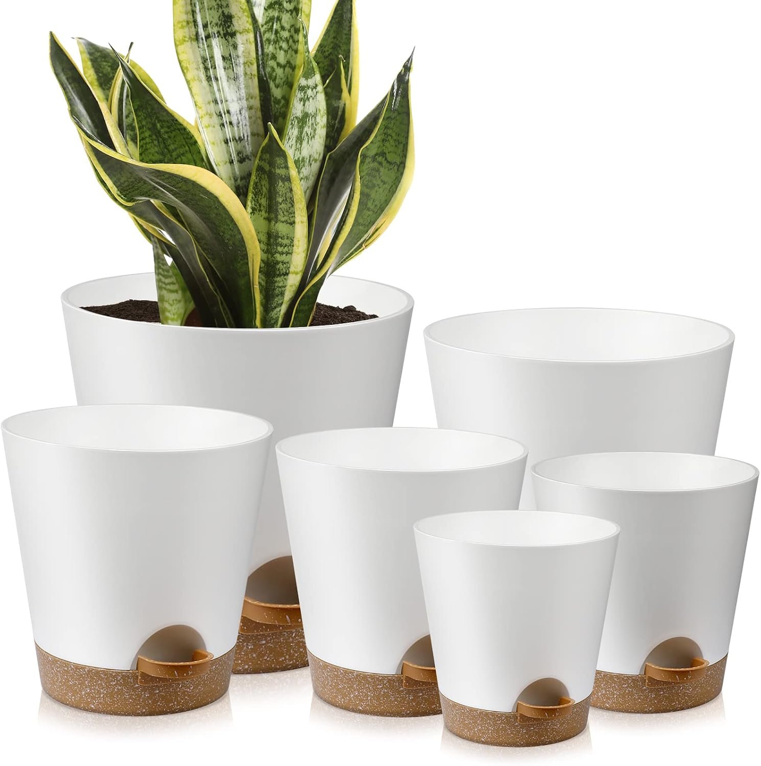 YNNICO Indoor Self Watering Planters with Drainage Holes and Saucers, 8, 7, 6.5, 6, 5.5, 5 Inches, White, 6 Pots