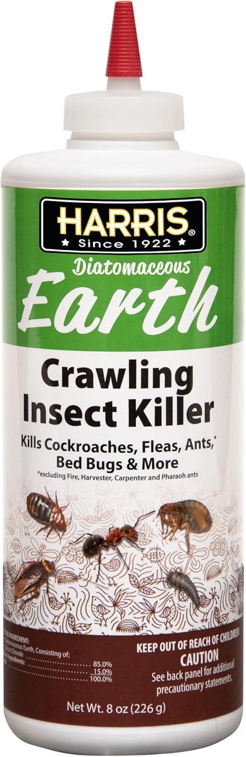 Harris 8 oz Diatomaceous Earth Crawling Insect Killer — 100% Natural Dust for Ants, Roaches, Bed Bugs, Fleas — Indoor & Outdoor Use
