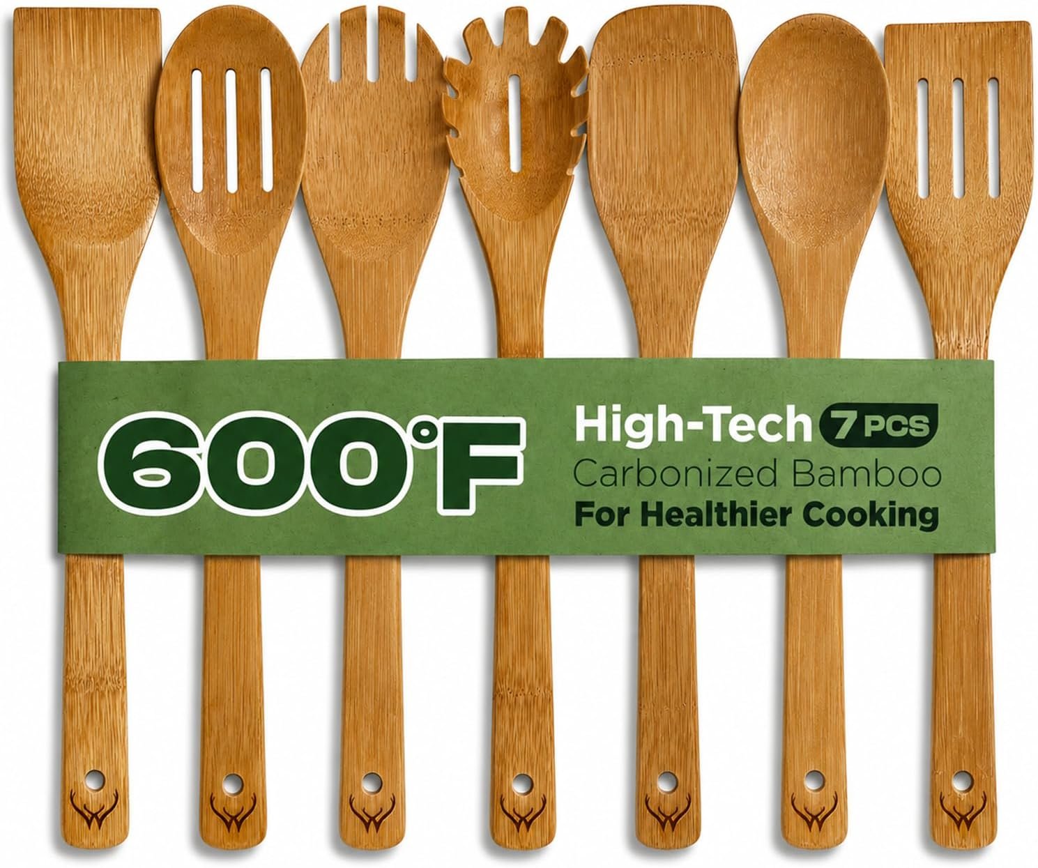 7PCS Carbonized Bamboo Wooden Spoons for Cooking Set, Premium Kitchen Utensils for Nonstick Cookware, Durable Wooden Cooking Tools