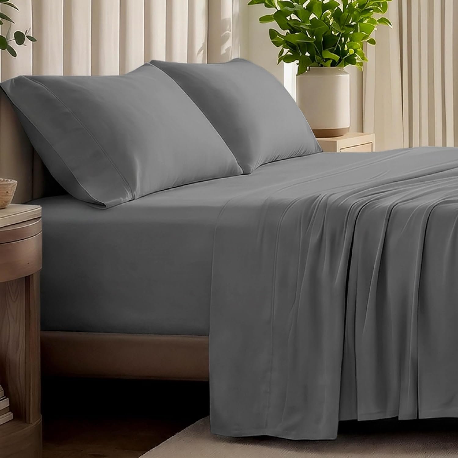Bare Home 100% Organic Cotton Jersey Sheet Set, Ultra Soft, 100% Cotton – Sheet Set & Pillowcases – Deep Pocket Bed Sheets (Queen, Grey)