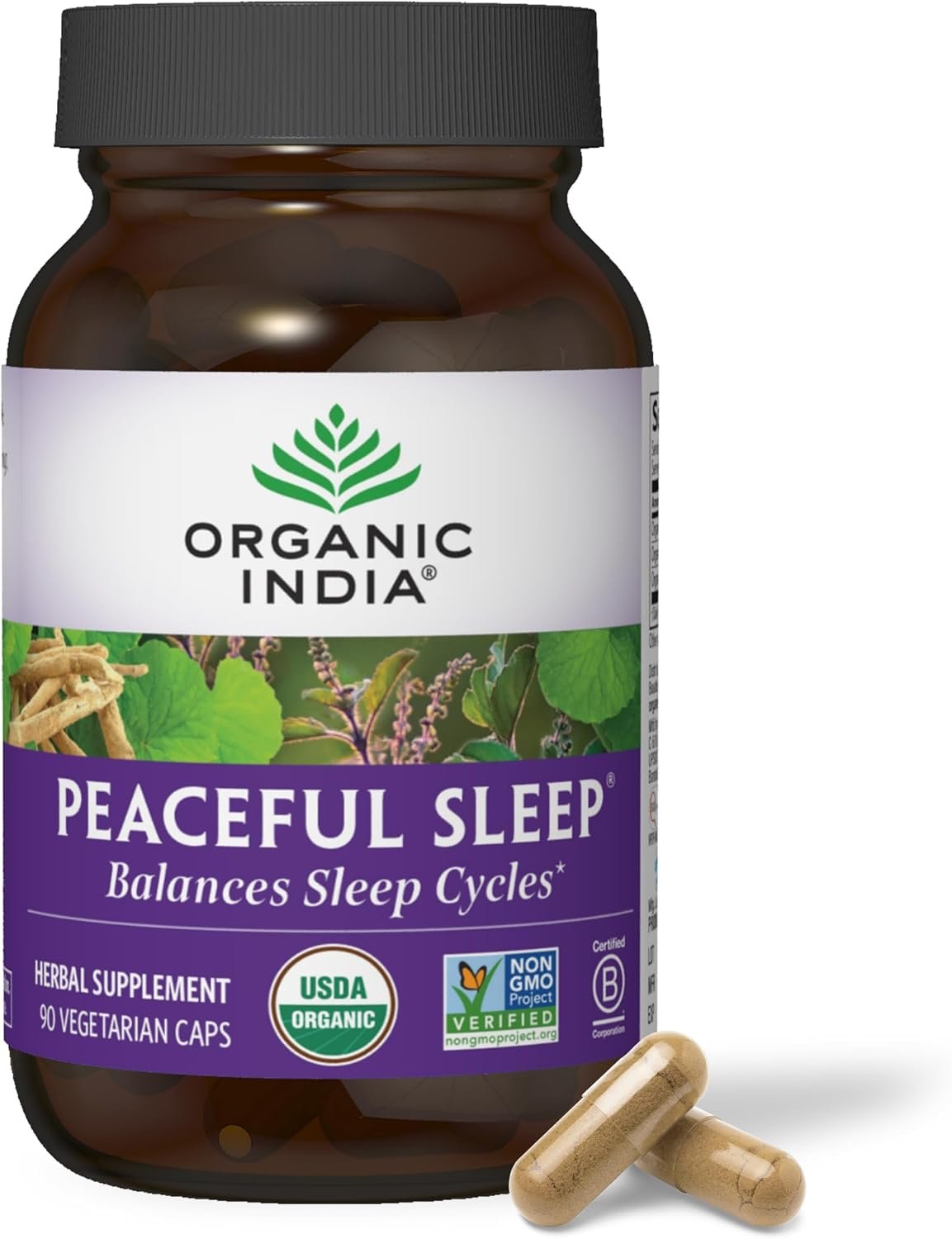 Organic India Peaceful Sleep Herbal Supplement, Non-GMO, 90 Capsules