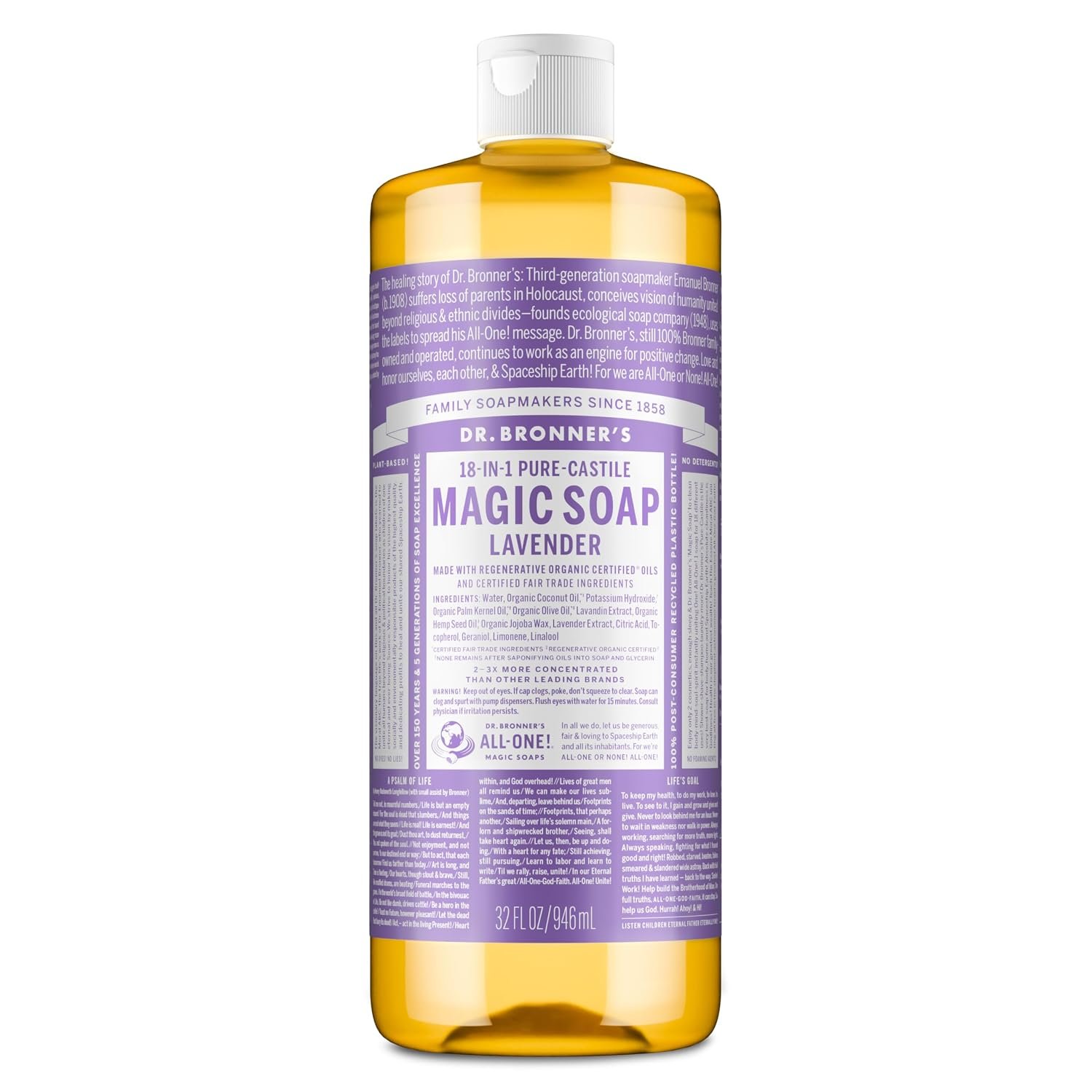 Dr. Bronner’s Pure-Castile Liquid Soap, Made with Organic Oils, 18-in-1 Uses: Face, Body, Hair, Laundry, Pets and Dishes, Concentrated, Vegan, Non-GMO, Lavender, 32 Oz