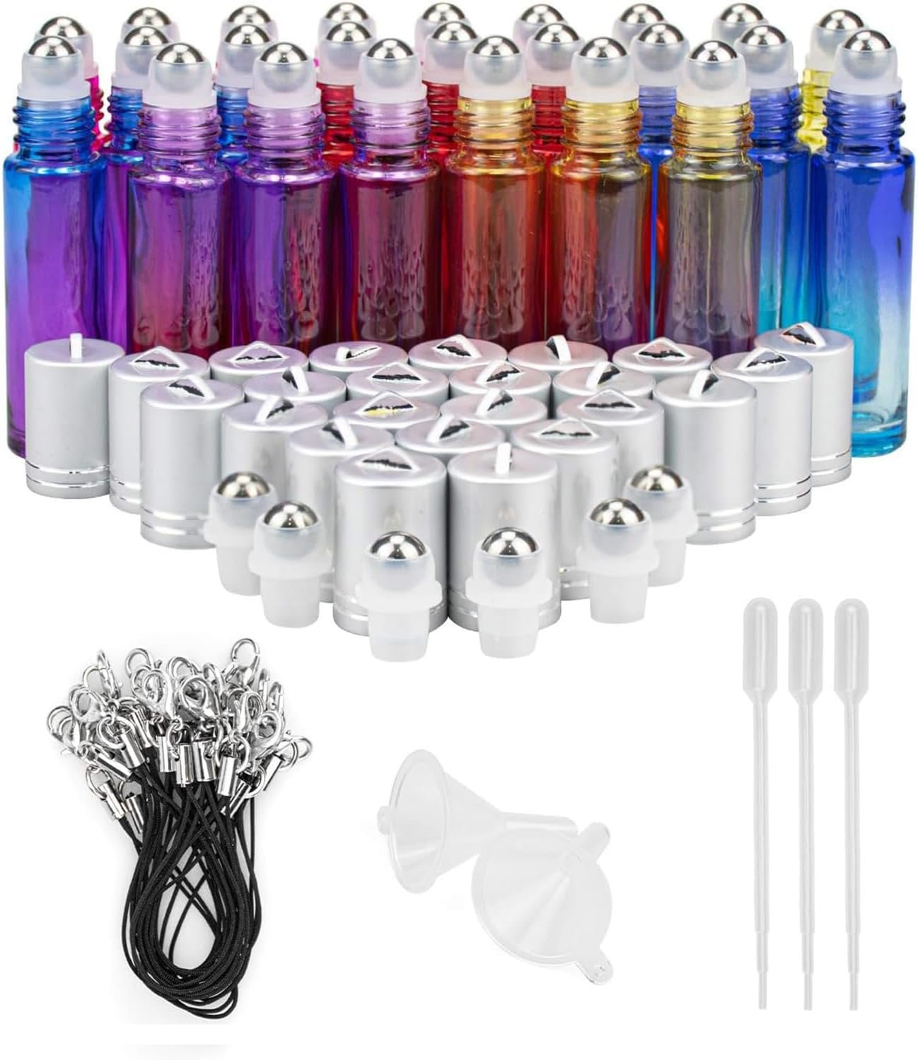 Foraineam 24 Pack 10ml Gradient Color Glass Essential Oil Bottles with Stainless Steel Roller Ball and Silver Hanging Lid