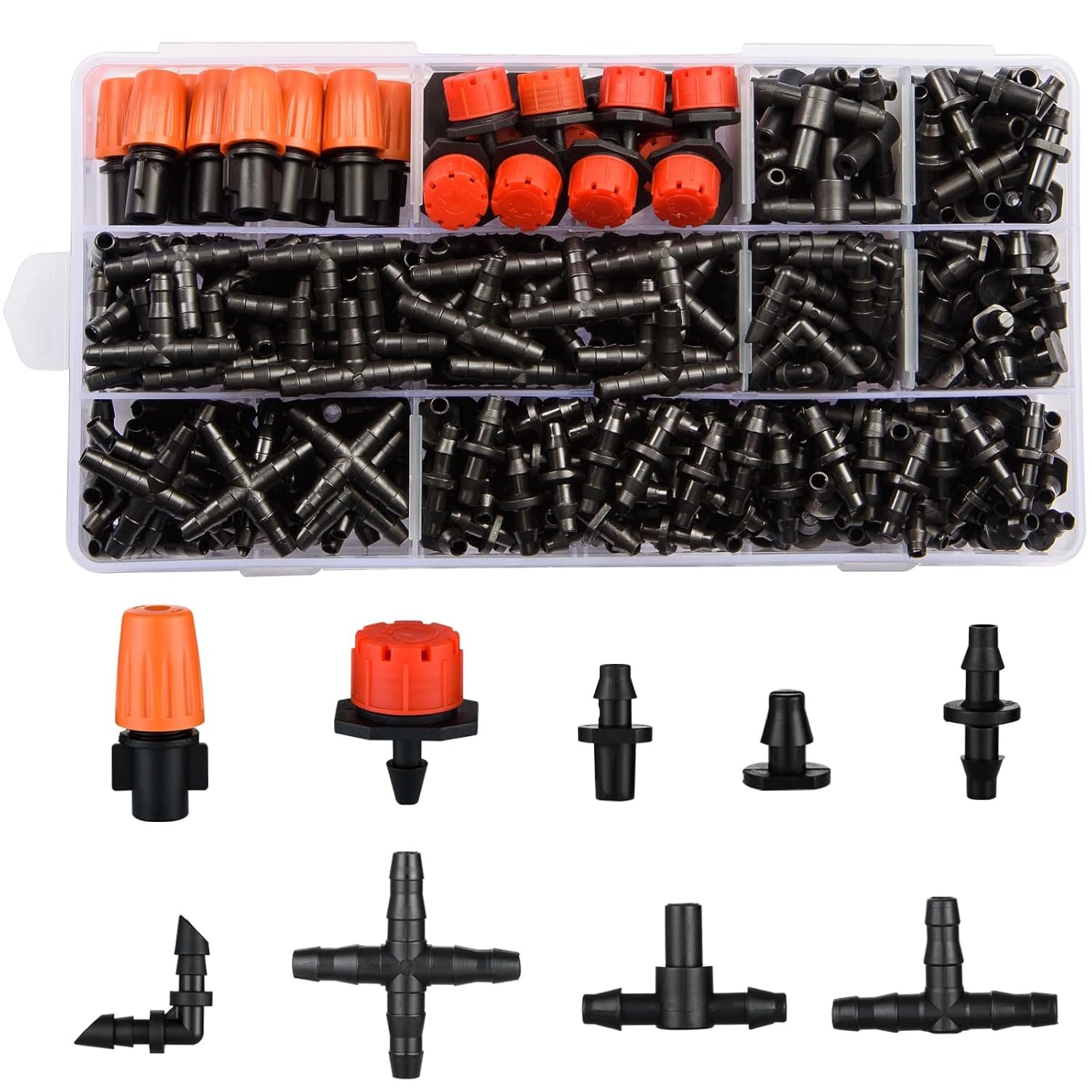 300Pcs Drip Irrigation Fittings Kit for 1/4″ Tubing, Drip Line Connectors for Drip Systems- Drip Emitters, Nozzles, Nozzle Tees, Single barbs, 4-Way Connectors, End Plugs, Elbows, Tees, Couplings