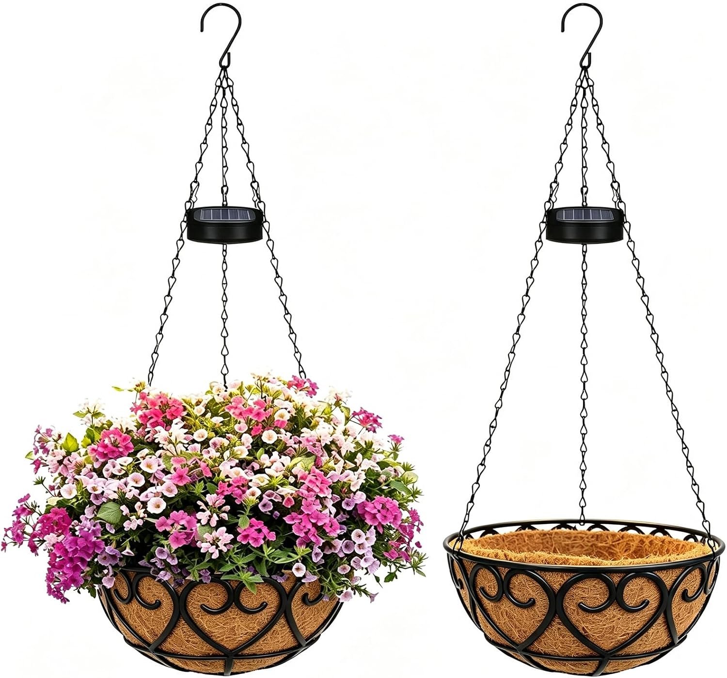2 Pack 10 Inch Solar Hanging Flower Basket with LED String Lights