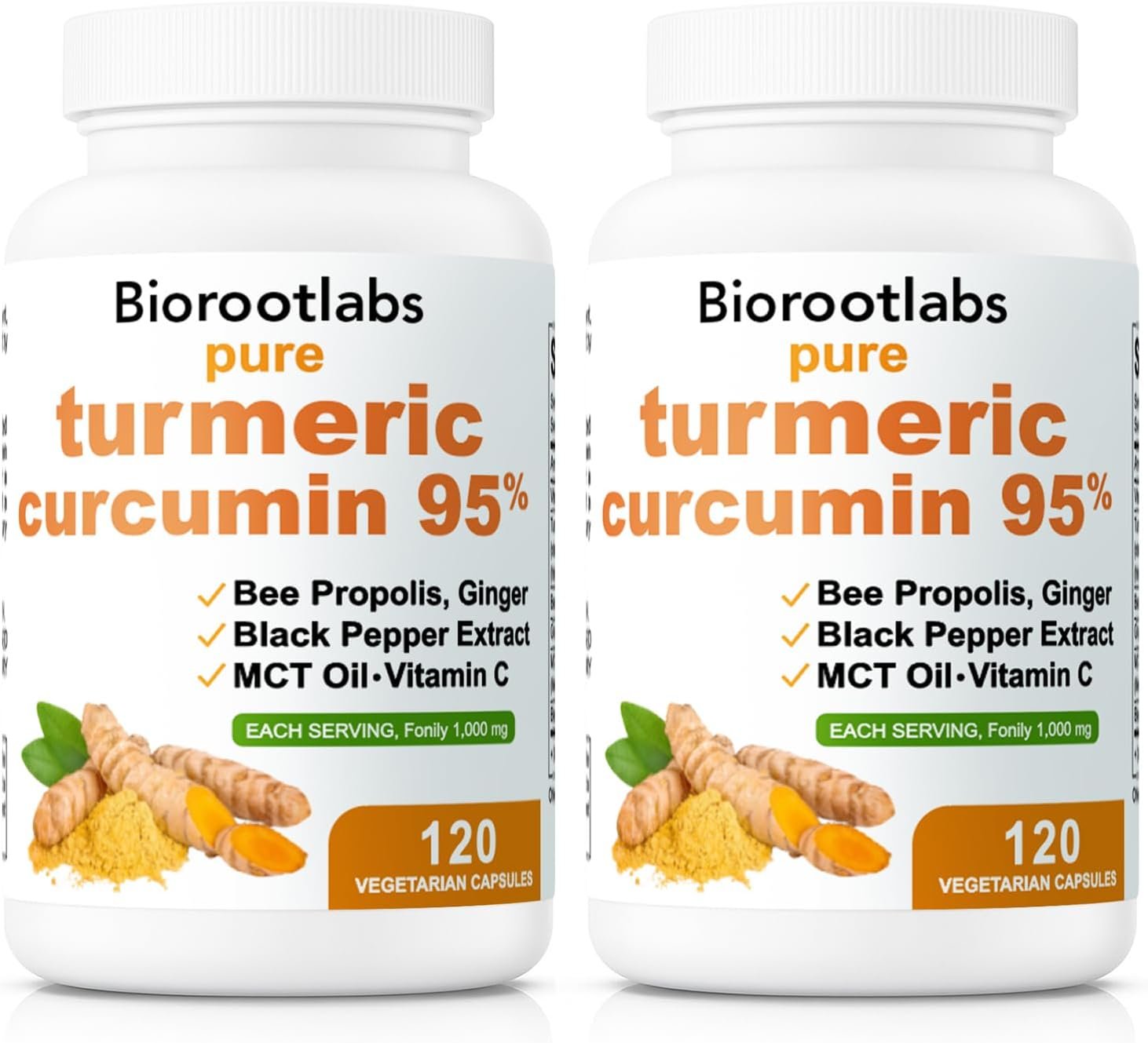 Biorootlabs Turmeric Curcumin Supplement 1000mg, Biorootlabs Pure Turmeric Curcumin 95, 6-in-1 Turmeric Curcumin Capsules with Bee Propolis, Ginger, Mct Oil, Fat Soluble Vitamin C & Black Pepper (2)