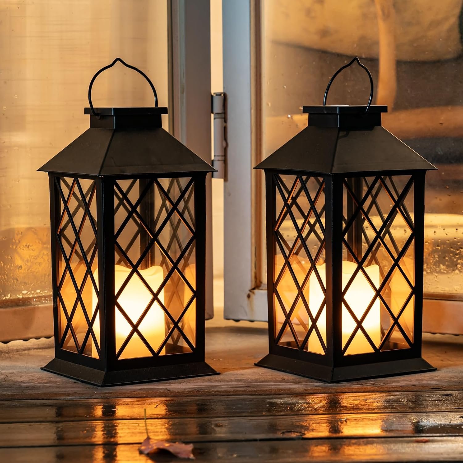 Homemory 2 Pack 13” Black Solar Lanterns, Flickering Flame Hanging Lights