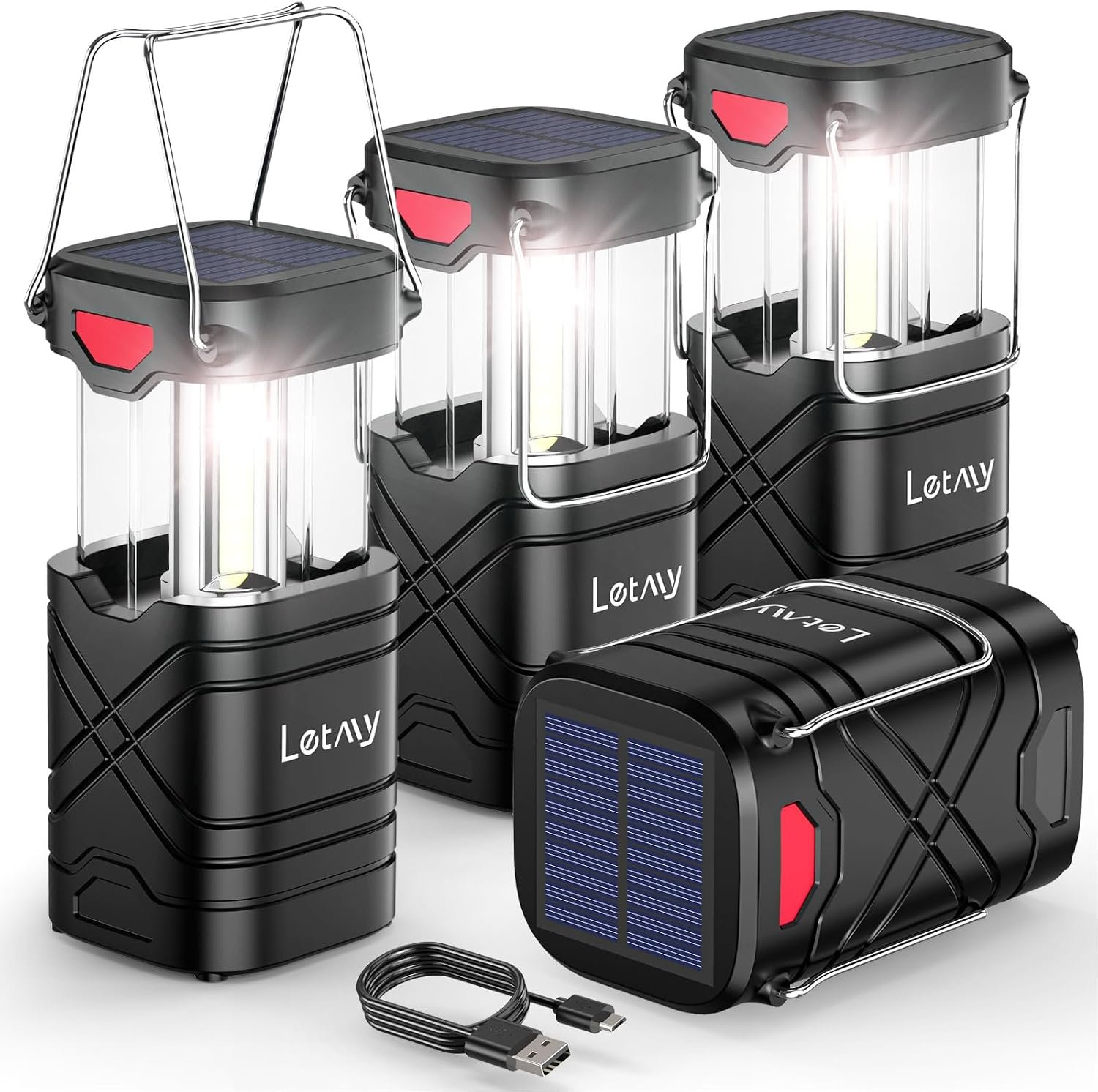 LETMY 4 Pack Camping Lantern, Rechargeable LED Lanterns, Solar Lantern Battery Powered Hurricane Lanterns Flashlight with 3 Powered Ways & USB Cable for Emergency, Power Outage, Hurricane Supplies