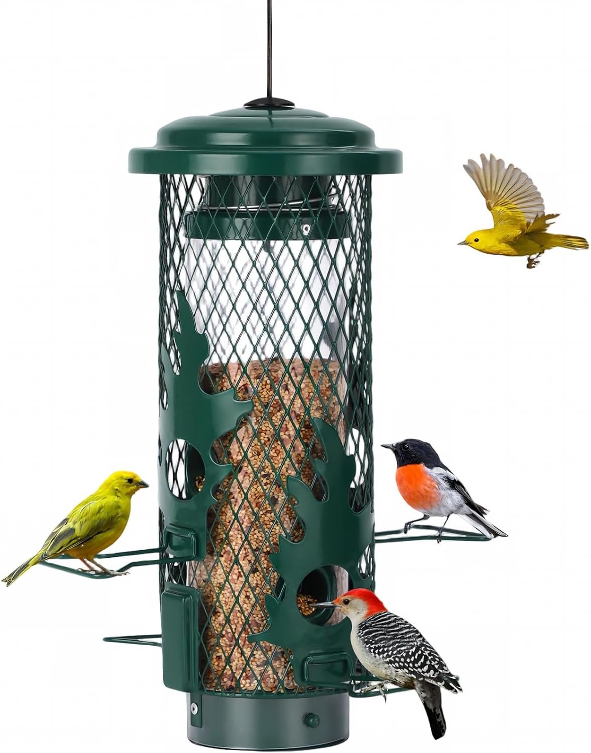 Gbekery Squirrel Proof Bird Feeder for Outdoors Hanging, Metal Mesh Bird Feeder for Outsides with Gravity Protection for Small Birds, Weatherproof and Durable, Green