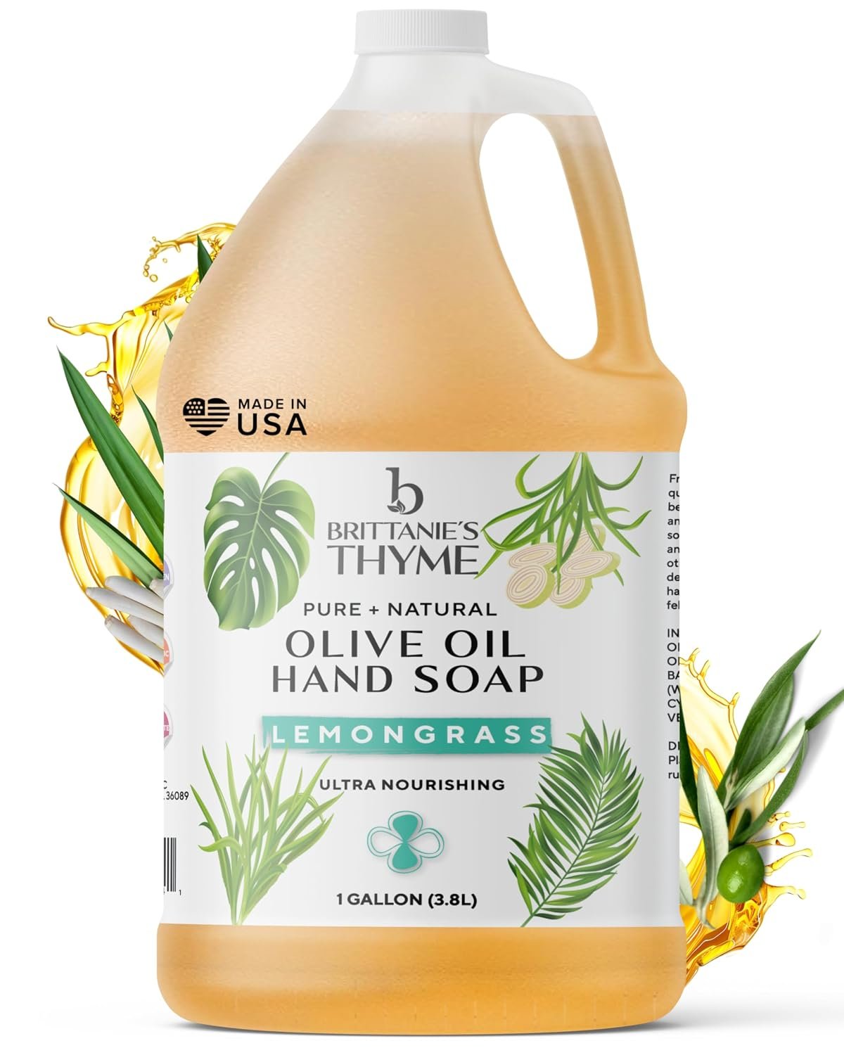 Brittanie’s Pure Organic Castile Liquid Soap, Lemongrass, 1 Gallon