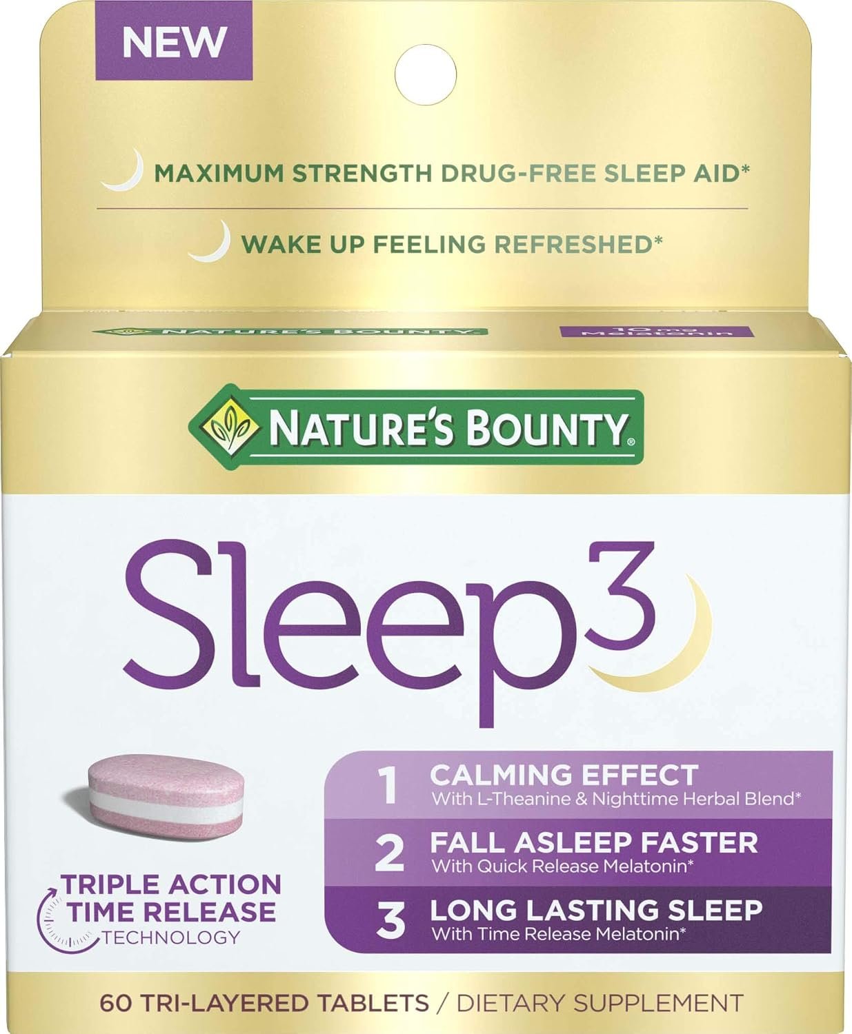 Nature’s Bounty Sleep3 Melatonin 10mg, 60 Tri-Layered Tablets