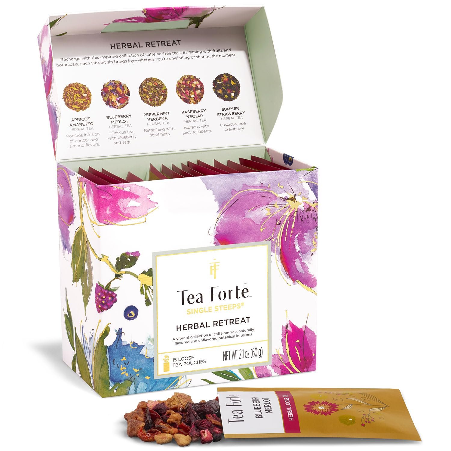 Tea Forte Single Steeps Tea Sampler, Herbal Retreat, 15 Pouches