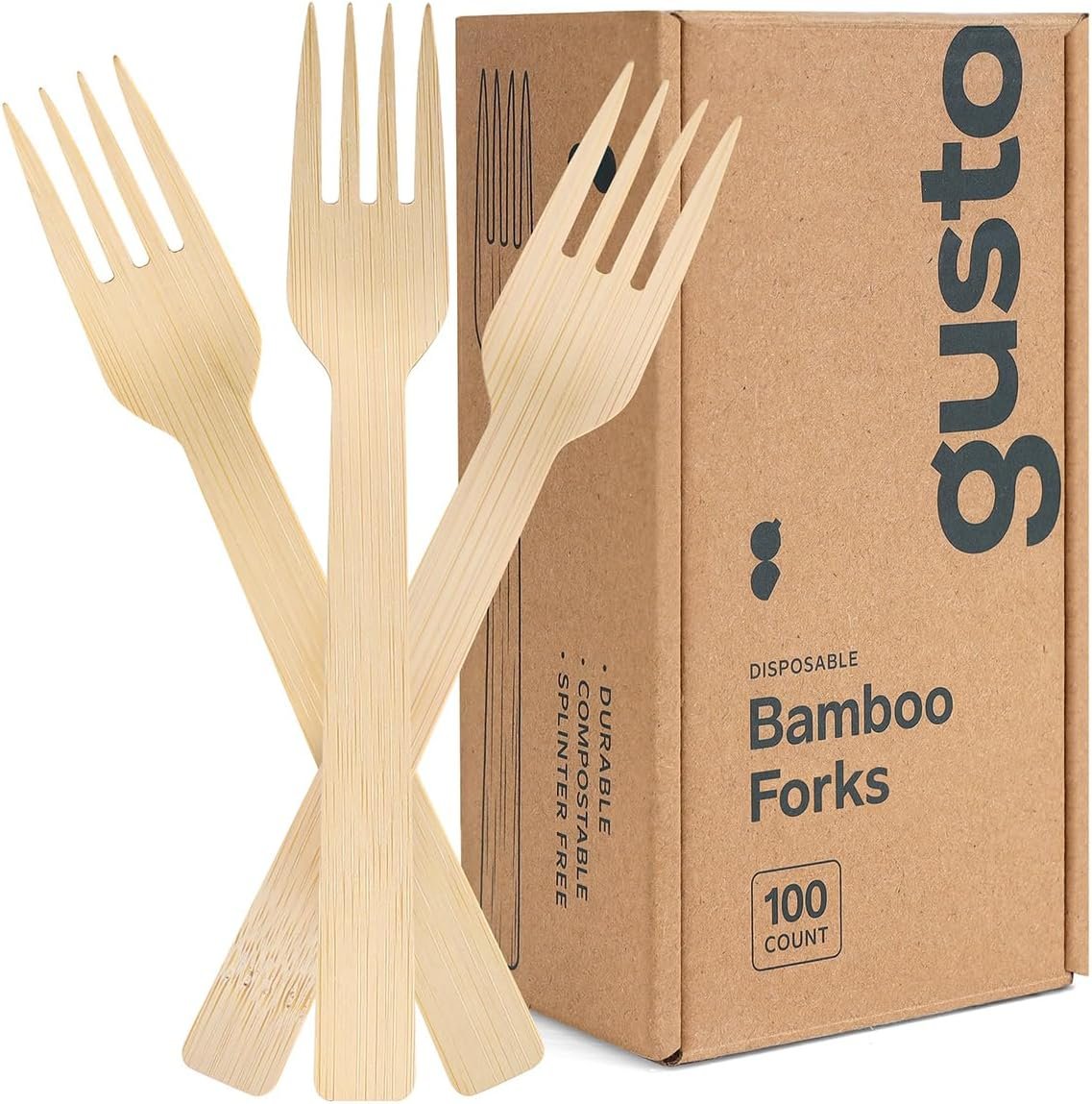 GUSTO [100 Count] Natural Bamboo Disposable Forks – Biodegradable and Eco-Friendly Utensils for Outdoors, Parties, and Events