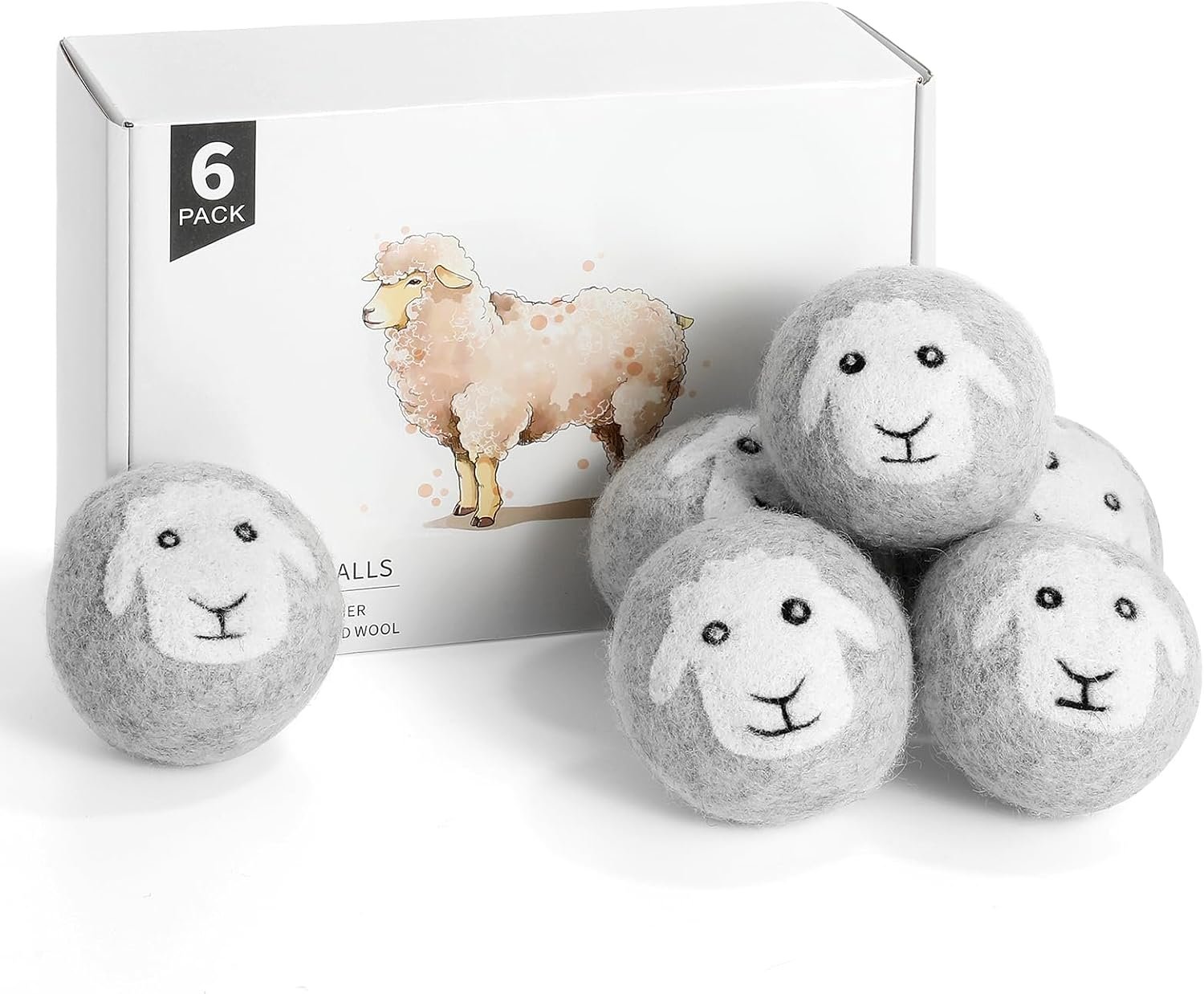 Wool Dryer Balls 6 Pack, Natural Fabric Softener, Dryer Balls Laundry Reusable, Reduces Clothing Wrinkles and Saves Drying Time (Gray)
