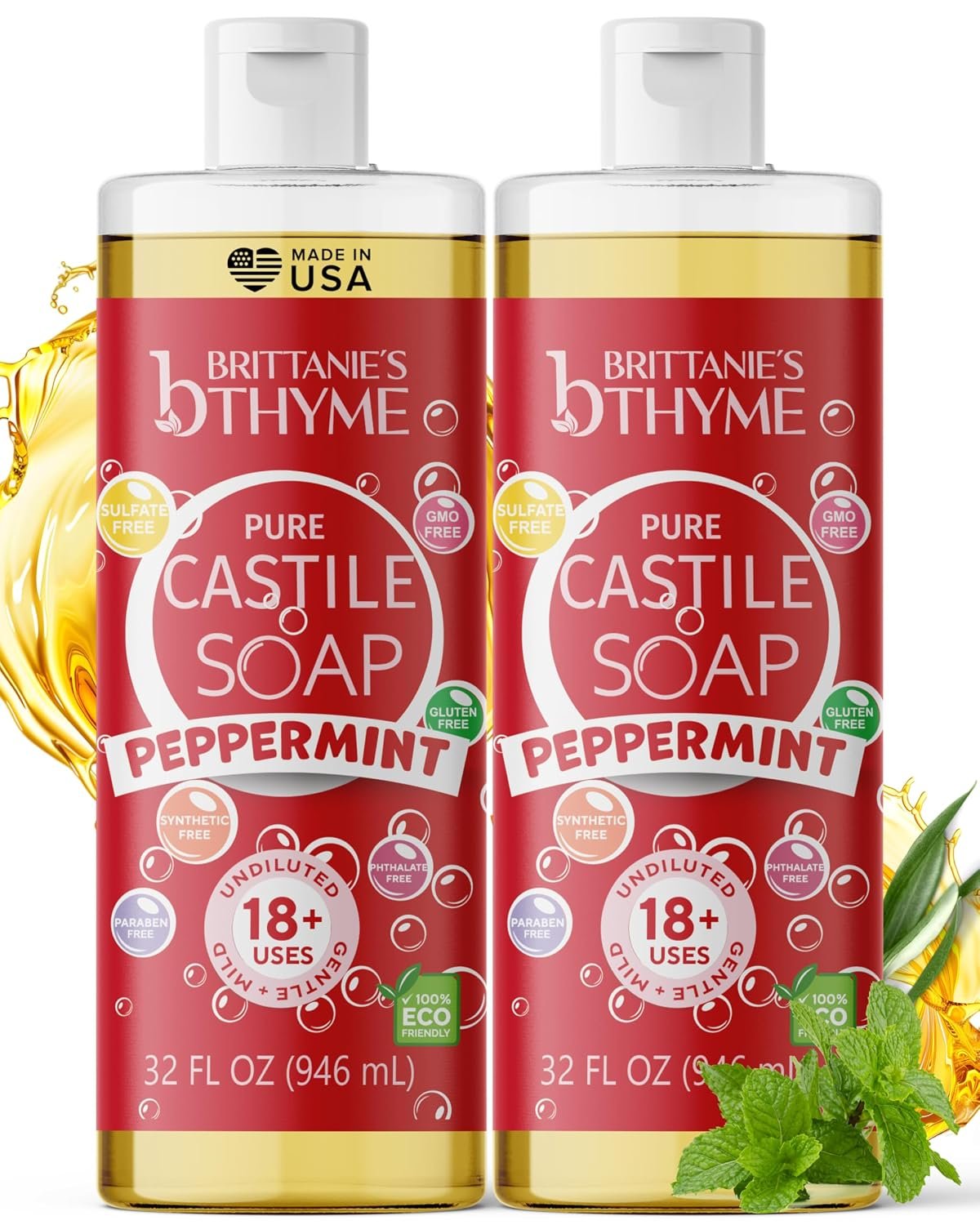 Brittanie’s Castile Non Toxic Dish Soap, Peppermint, 32 oz Pack of 2
