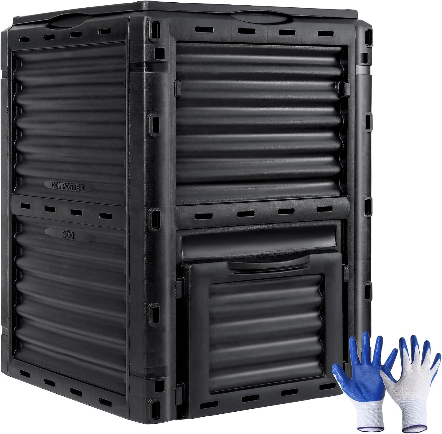 F2C 80Gal Compost Bin with Gloves, Large Outdoor Compost Box, Flip Lid & Bottom Exit Door, Aerating BPA Free Composter for Backyard Garden (Black)