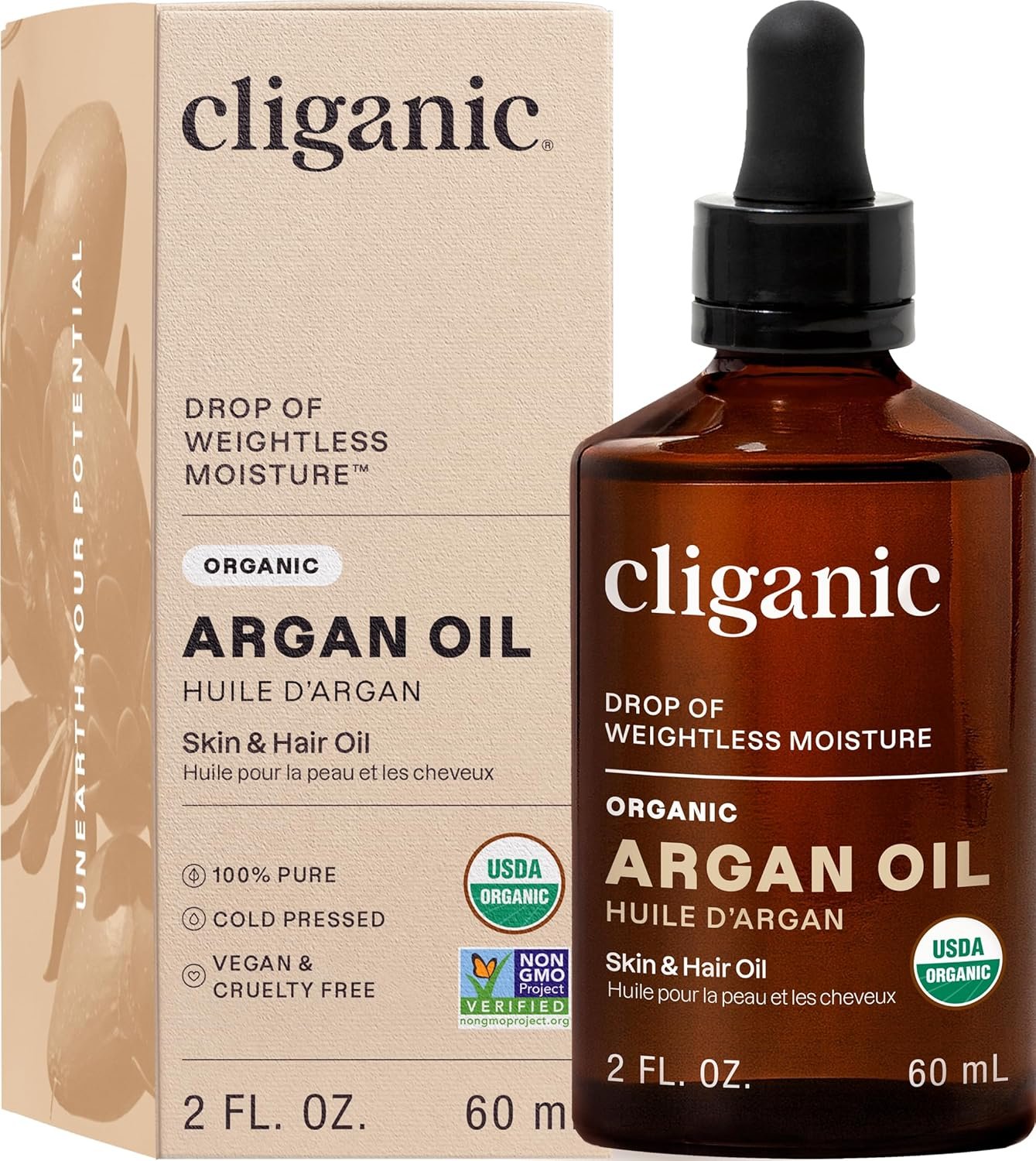 Cliganic Organic Argan Oil, 100% Pure – for Hair, Face & Skin | Cold Pressed Carrier Oil, 2 oz