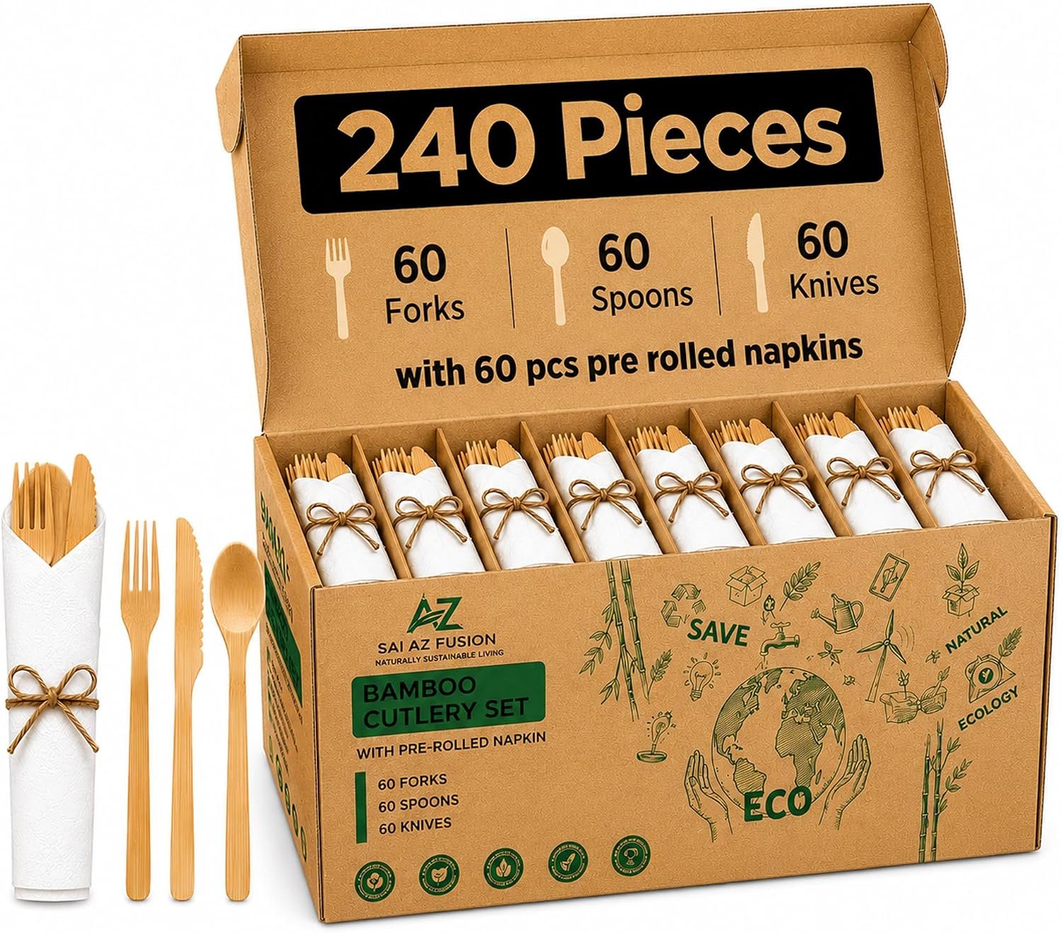 Premium Pre-Rolled Bamboo Cutlery Set (60 Pack, 240 PCS) – Individually Wrapped Forks, Knives, Spoons & Napkins & Eco-Friendly Disposable Utensils for Events & Catering
