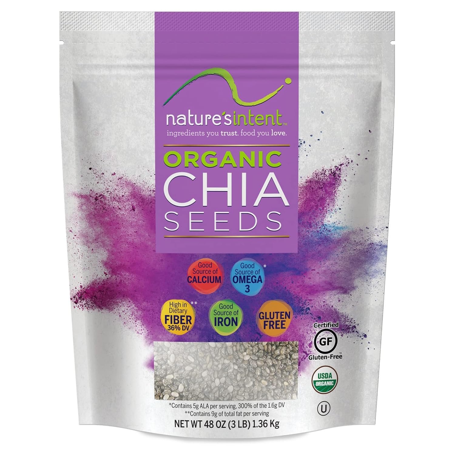 Nature’s Intent Organic Chia Seeds – 3lb Bag – USDA Organic, Non-GMO, Vegan, Gluten-Free, Kosher, Keto & Paleo – Good Source of Calcium, Omega 3 and Iron – for Salads, Yogurt & Smoothies