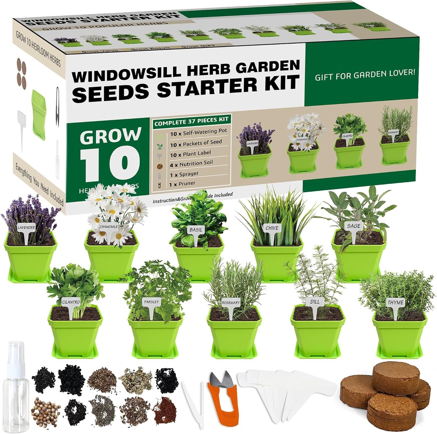 Meekear 10 Herb Seeds Garden Starter Grow Kit with Green Pots, Markers, Soil Discs, Watering, Herb Clipper, Complete Indoor Potted Plant Growing Set for Kitchen DIY