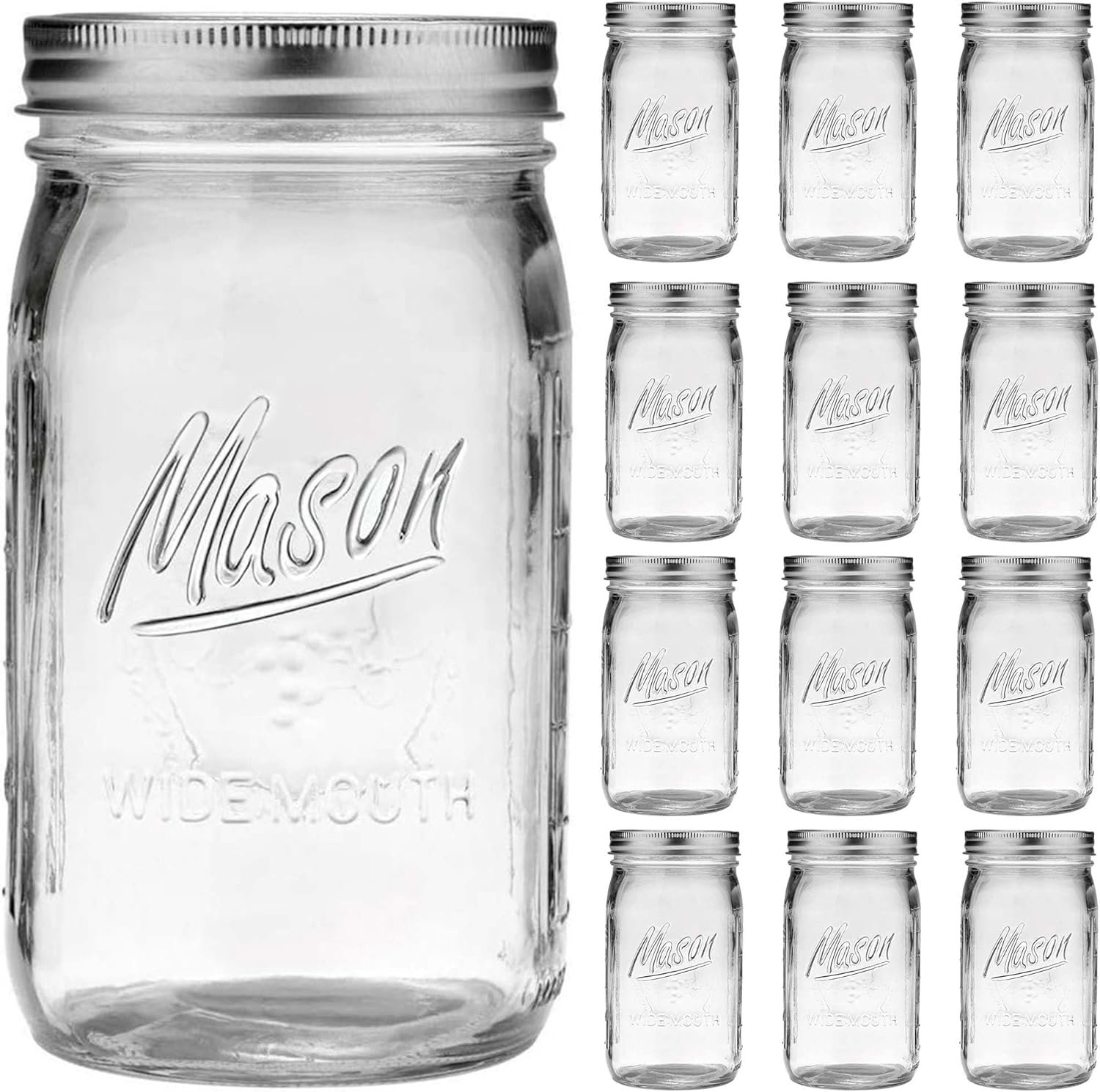 Wide Mouth Mason Jars 32 oz, 12 Pack Large Glass Mason Jars with Lids