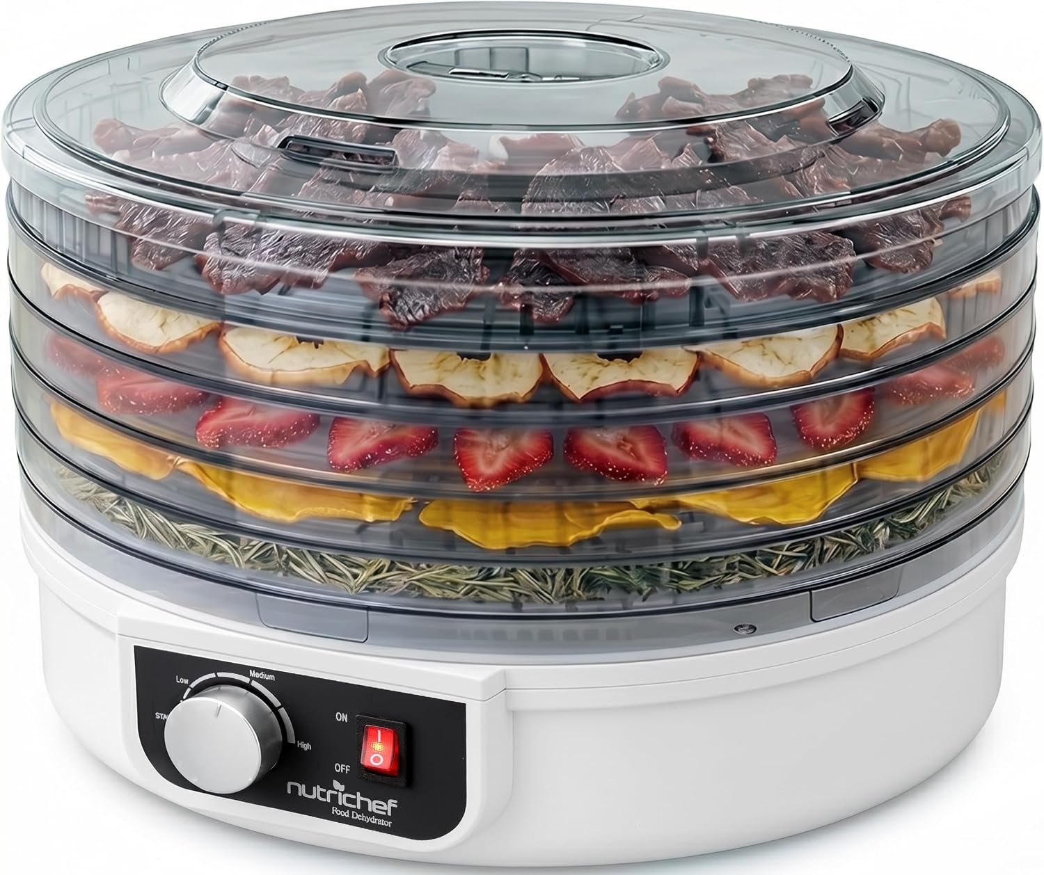 NutriChef Electric Countertop Food Dehydrator – Multi-Tier High-Heat Circulation Professional Food Preserver, Fruit, Vegetable Dryer, Meat or Beef Jerky Maker w/ 5 Stackable Trays – AZPKFD12