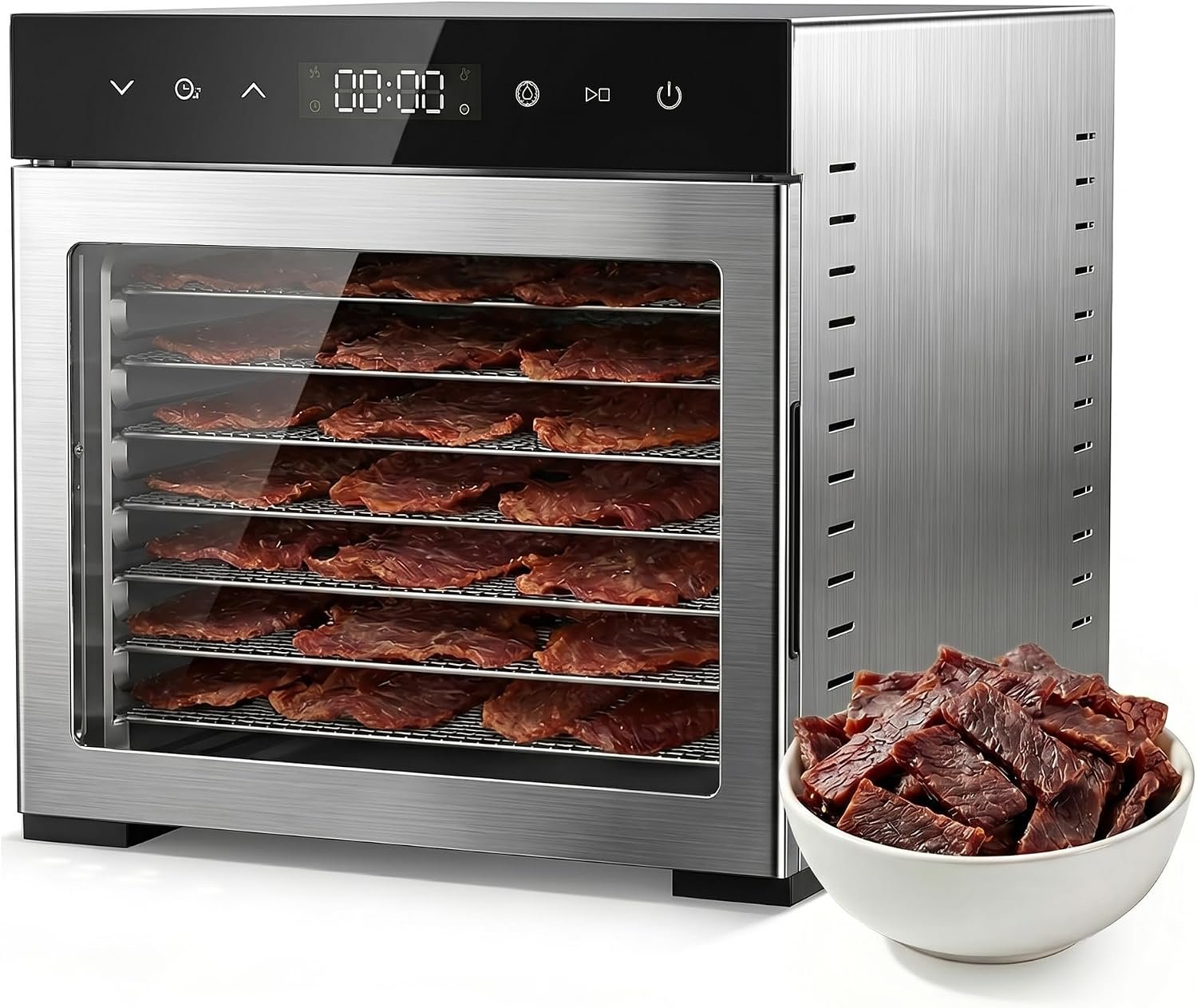 OLIXIS Food Dehydrator Machine, 500W Jerky Dehydrators with 8 Stainless Steel Large Trays, 185°F Temperature Control & 24H Timer Food Dryer for Fruit Meat Herb Dog Treats, Silver