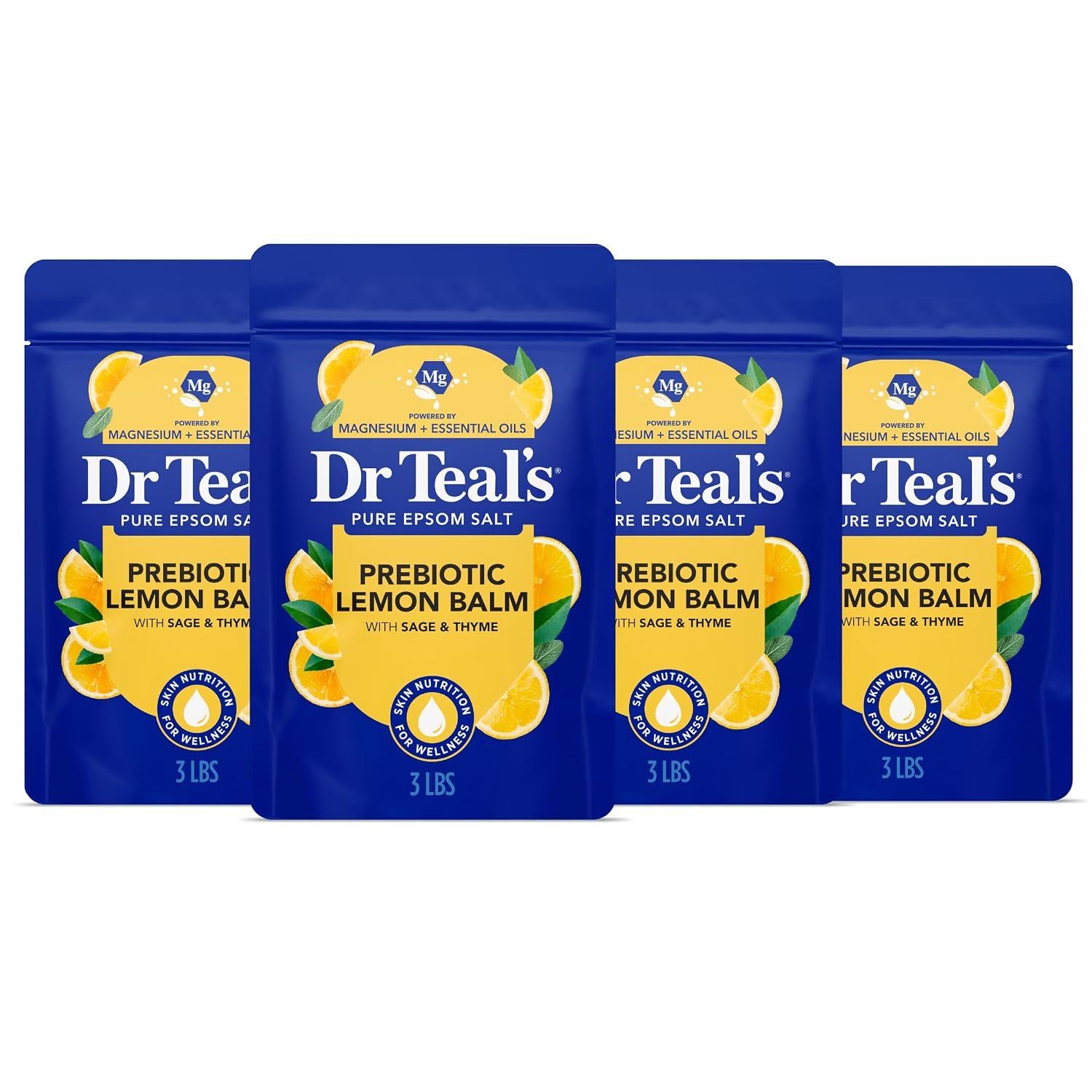 Dr Teal’s Pure Epsom Magnesium Salt Soak, Prebiotic Lemon Balm & Essential Oil, 3 lbs (Pack of 4)