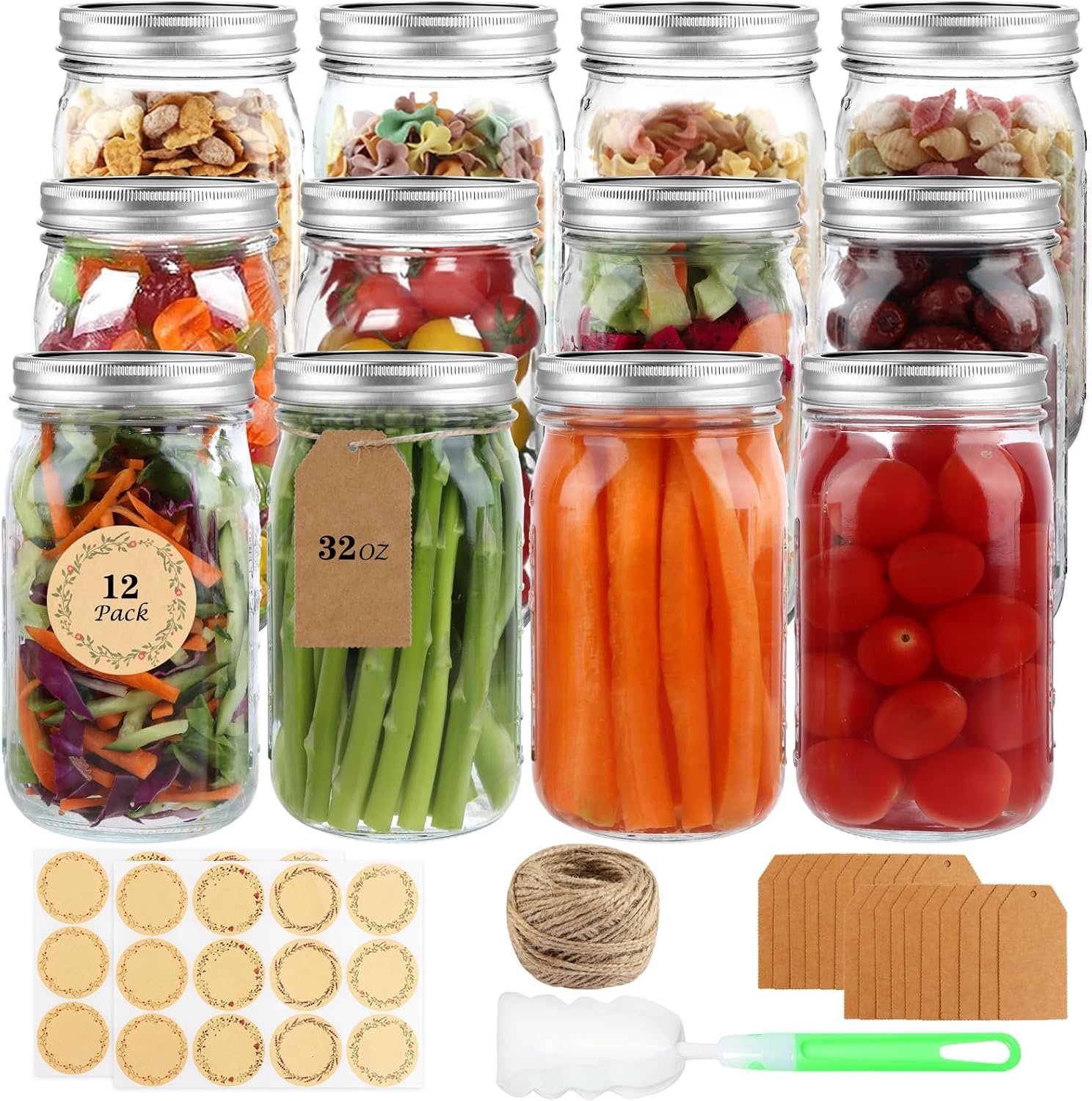 Wide Mouth Mason Jars with Lids 32 oz, 12 Pack Quart Canning Jars