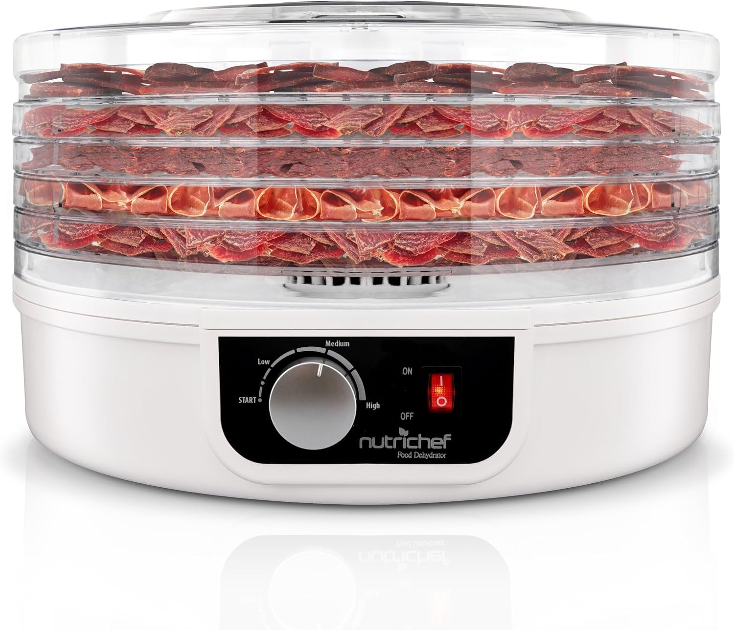 NutriChef Food Dehydrator – Dehydrate Beef Jerky, Meat, Mushrooms, Fruits & Vegetables at Home | Utilizes High-Heat Circulation for Even Dehydration | Includes 5 Easy-to-Clean Trays | White