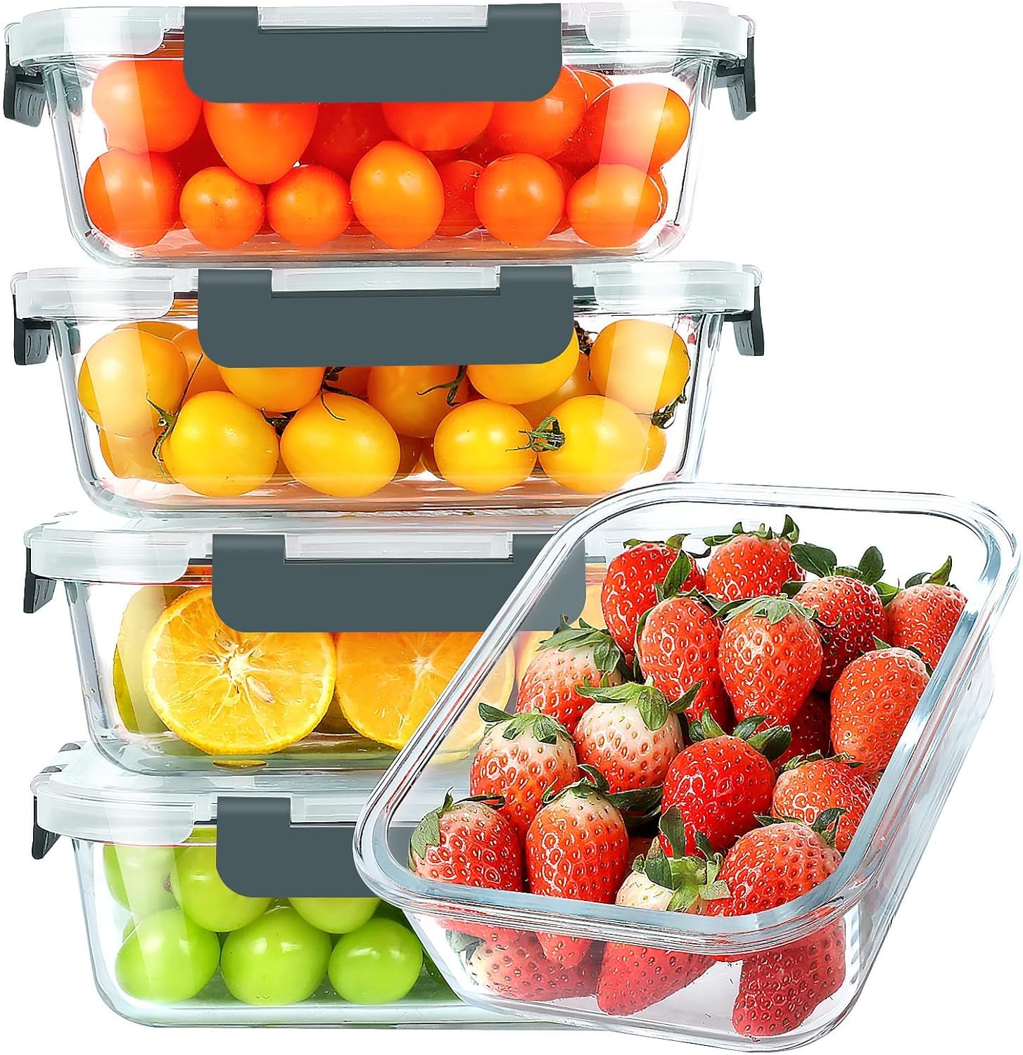 KOMUEE 30 oz 5 Pack Glass Meal Prep Containers with Lids, Gray