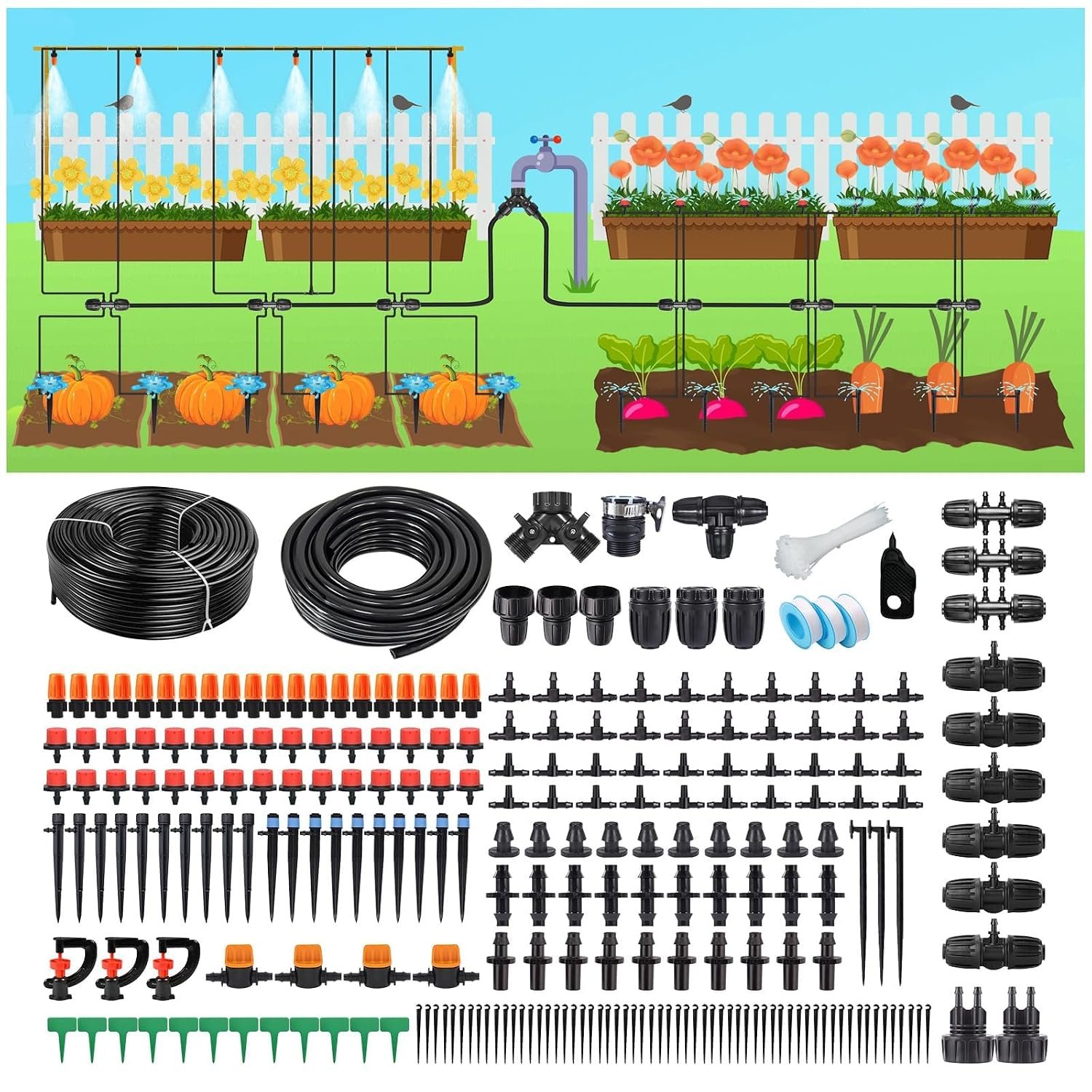 164FT Garden drip Irrigation System Kit: 299PCS Hose – Auto Garden Watering Irrigation System – with 5 Kinds of Sprayers 1/4″ & 1/2″ Fast-Lock Tubing – for Greenhouse, Yard, Lawn, Raised Bed