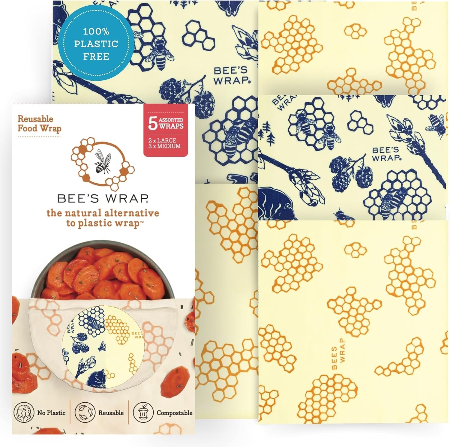 Bee’s Wrap Beeswax Food Wraps, 5 Pack Assorted – Honeycomb & Bees & Bears