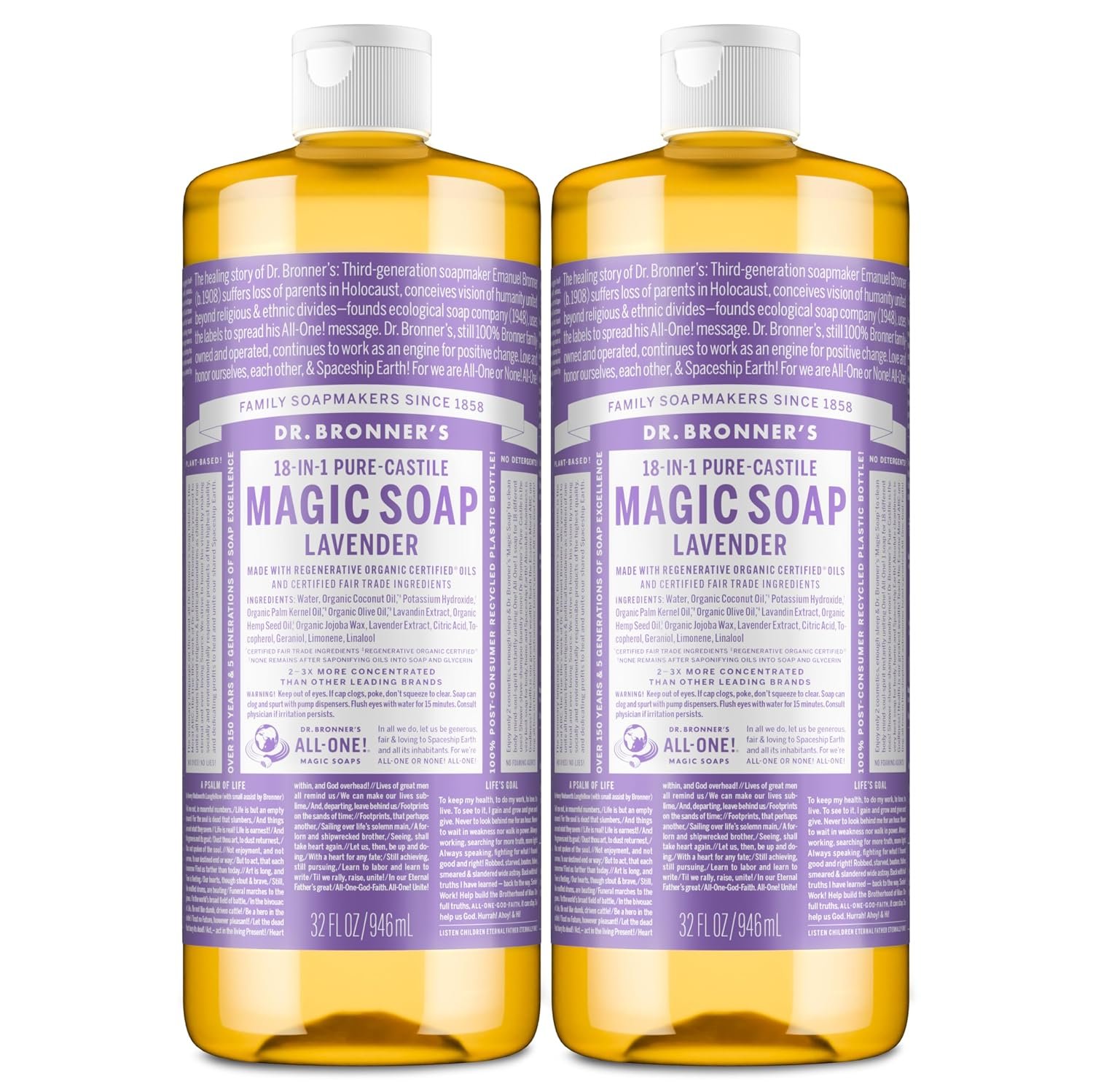 Dr. Bronner’s Lavender Pure-Castile Liquid Soap, Hand Soap, 32 oz 2-Pack