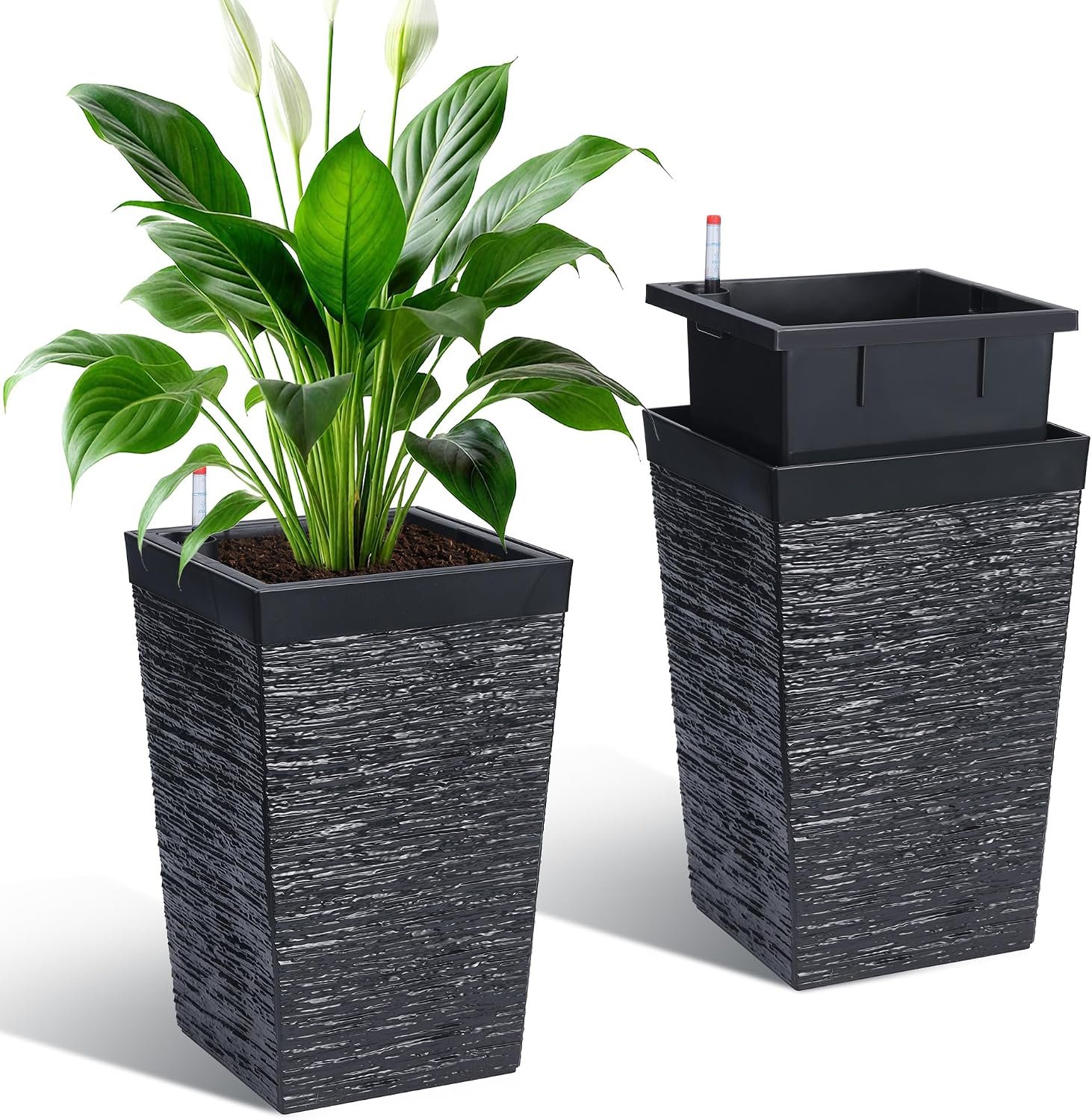 Garvee 16″ Tall Planters Set of 2, Outdoor＆Indoor Planter Pots, Black