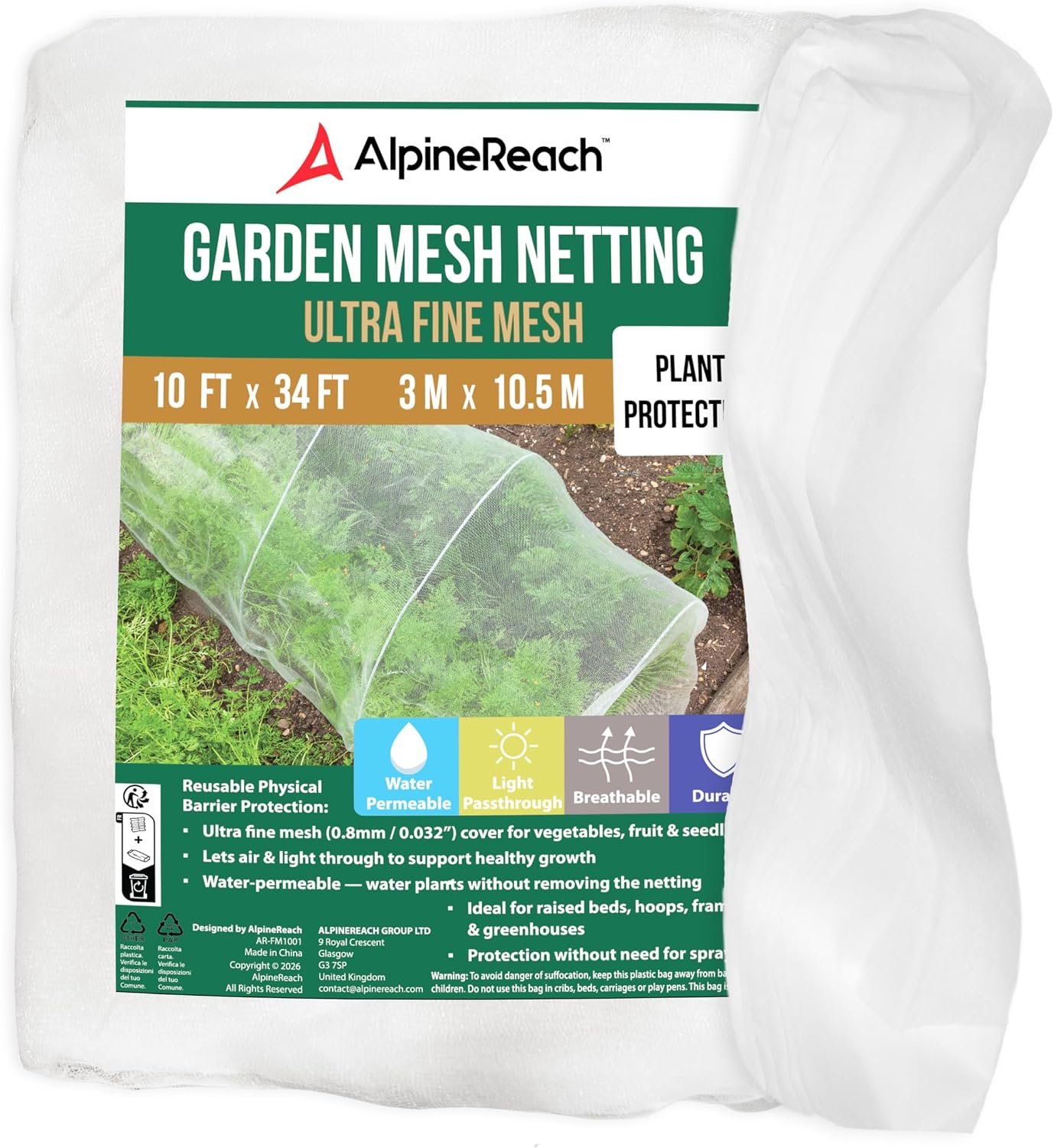 AlpineReach Garden Netting Ultra Fine Mesh 10 x 34 ft – Durable Protection Barrier Net Cover for Vegetable Plants Fruits Flowers Crops Greenhouse Row Cover Raised Bed