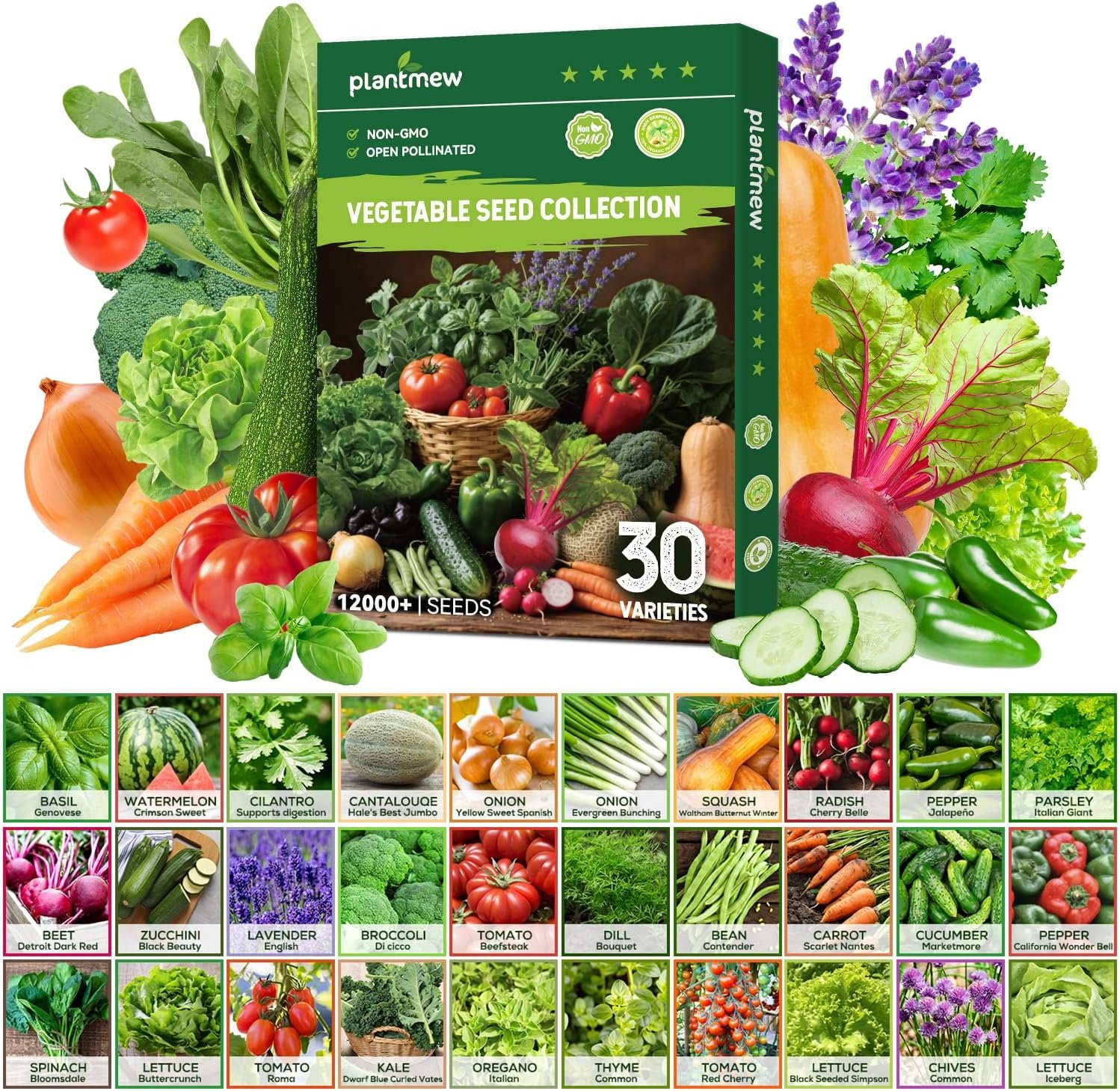 30 Heirloom Vegetable Seeds for Planting, 12,000+ Garden Seeds – Vegetable, Herb, Fruit Seeds – Survival Seed Vault with Tomato, Basil, Lettuce, Bean, Pepper, Squash and More